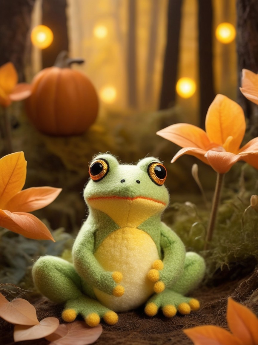 Whimsical Frog Plush Surrounded by Autumn Foliage