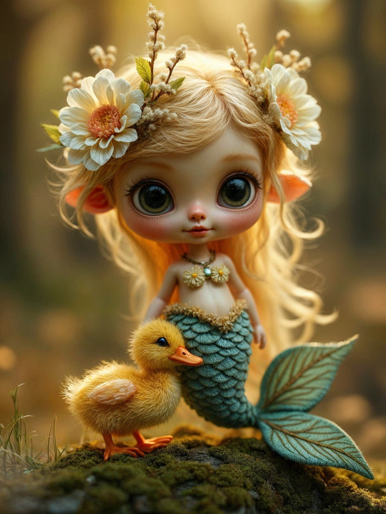 Whimsical Doll and Duckling in Enchanting Setting