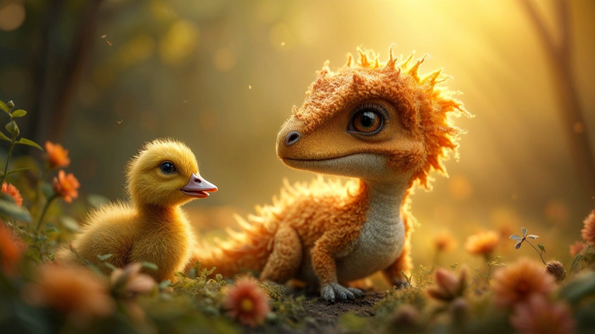 Fluffy Duckling and Colorful Dinosaur in Meadow Scene