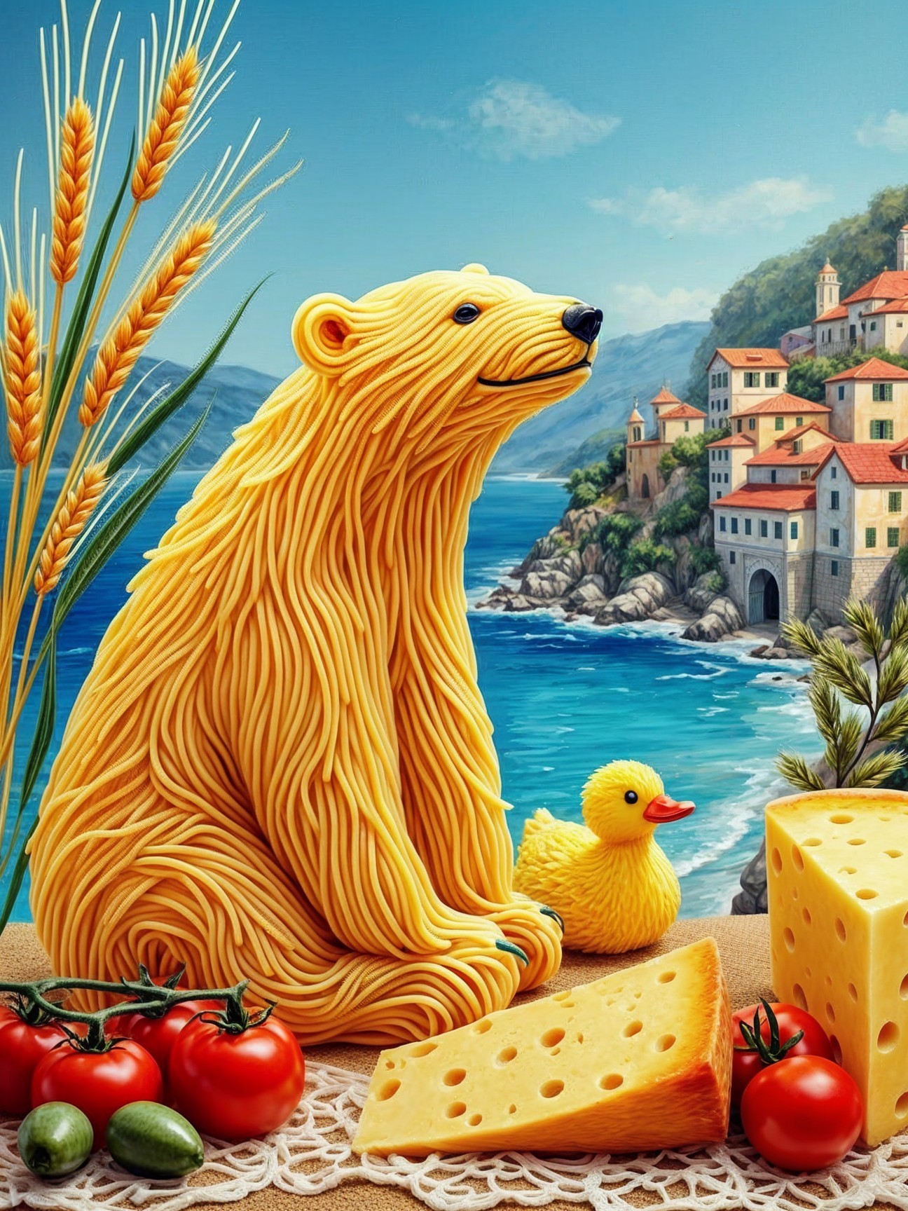Pasta Bear Sculpture by the Seaside with Duck and Cheese