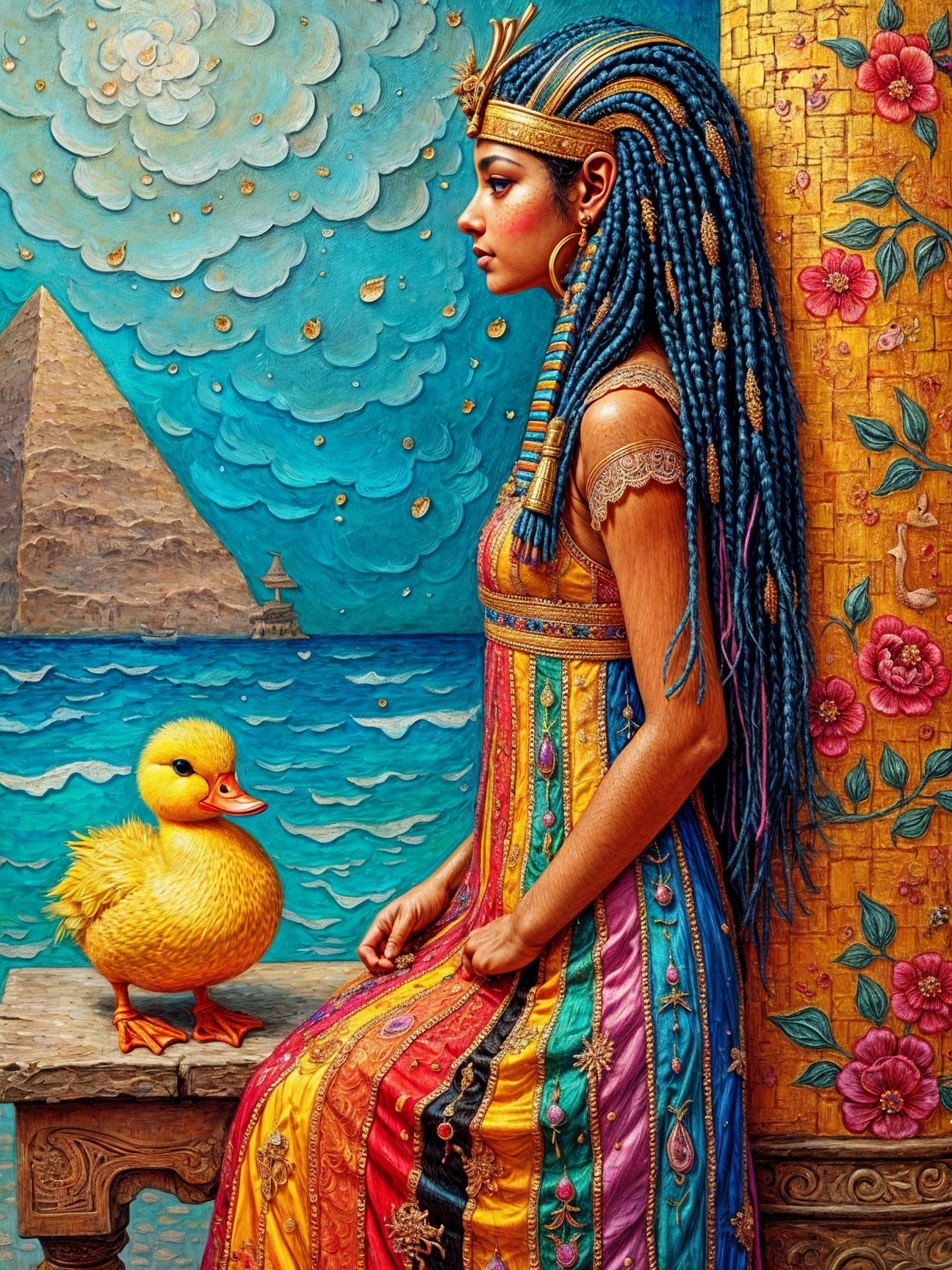Regal Figure in Vibrant Dress with Duckling by Sea