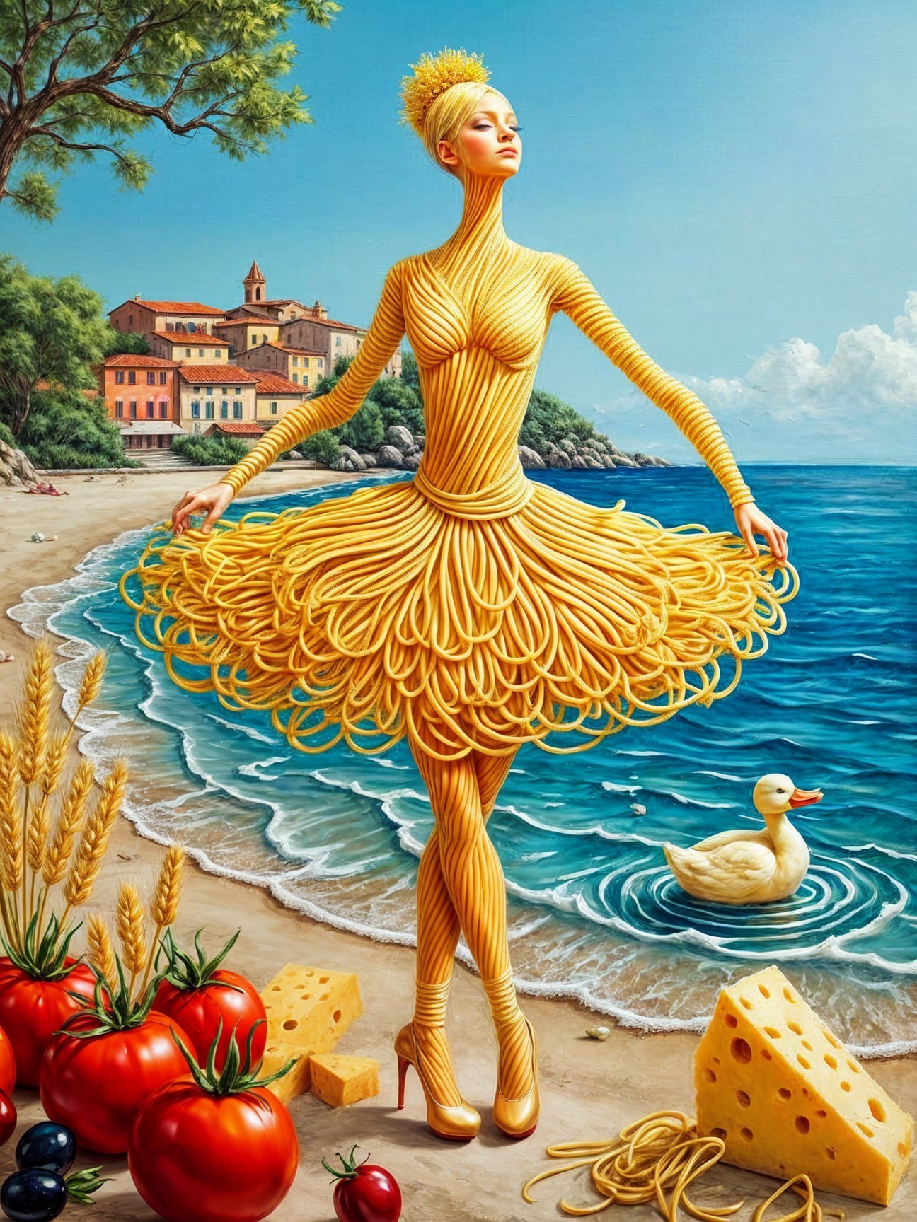 Whimsical Figure in Pasta Outfit on Sunny Beach