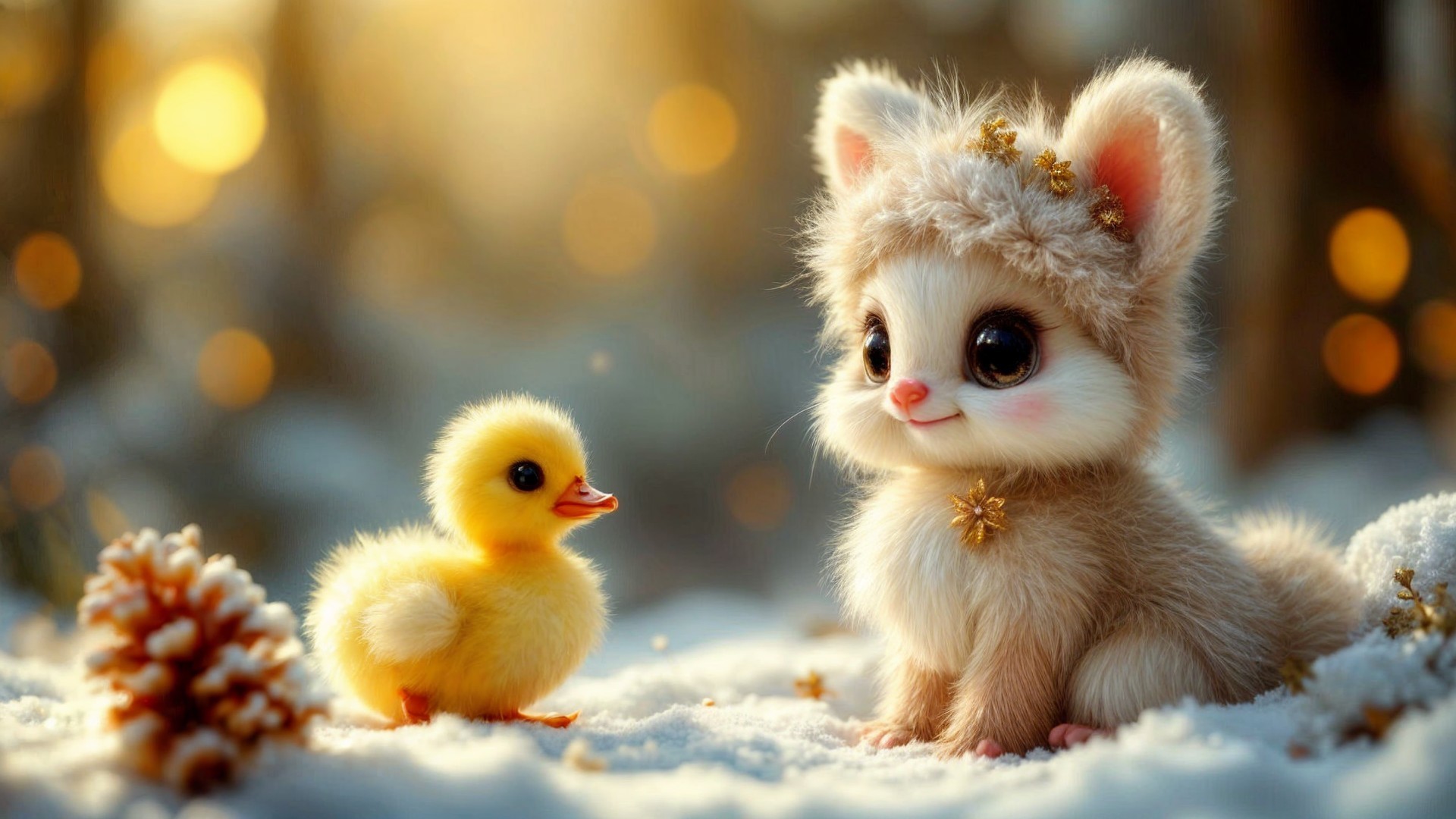Fluffy Cat and Duckling in Serene Winter Setting