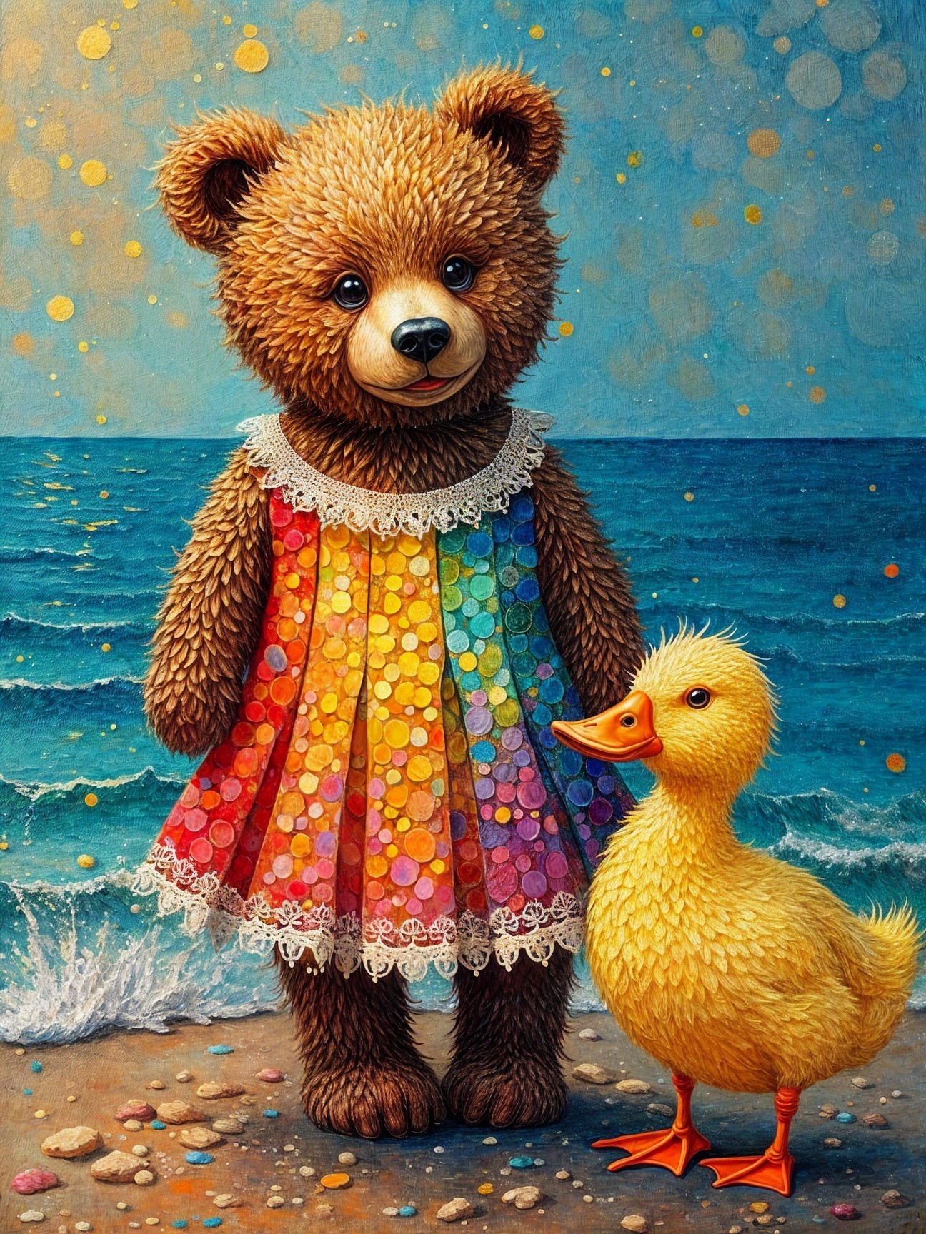 Charming bear in polka-dotted dress by the ocean