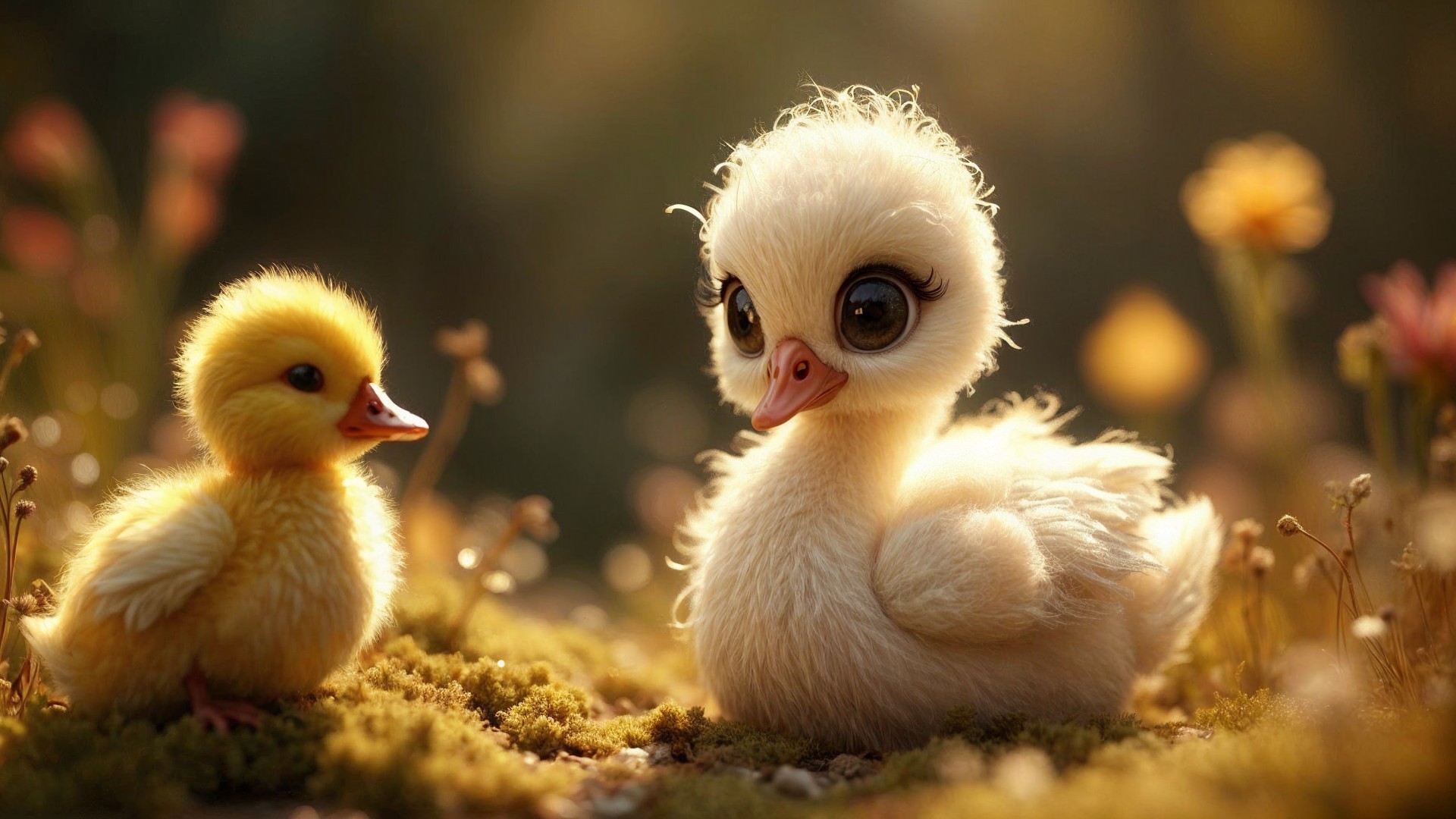 Whimsical Meadow with Cartoon Ducklings and Flowers