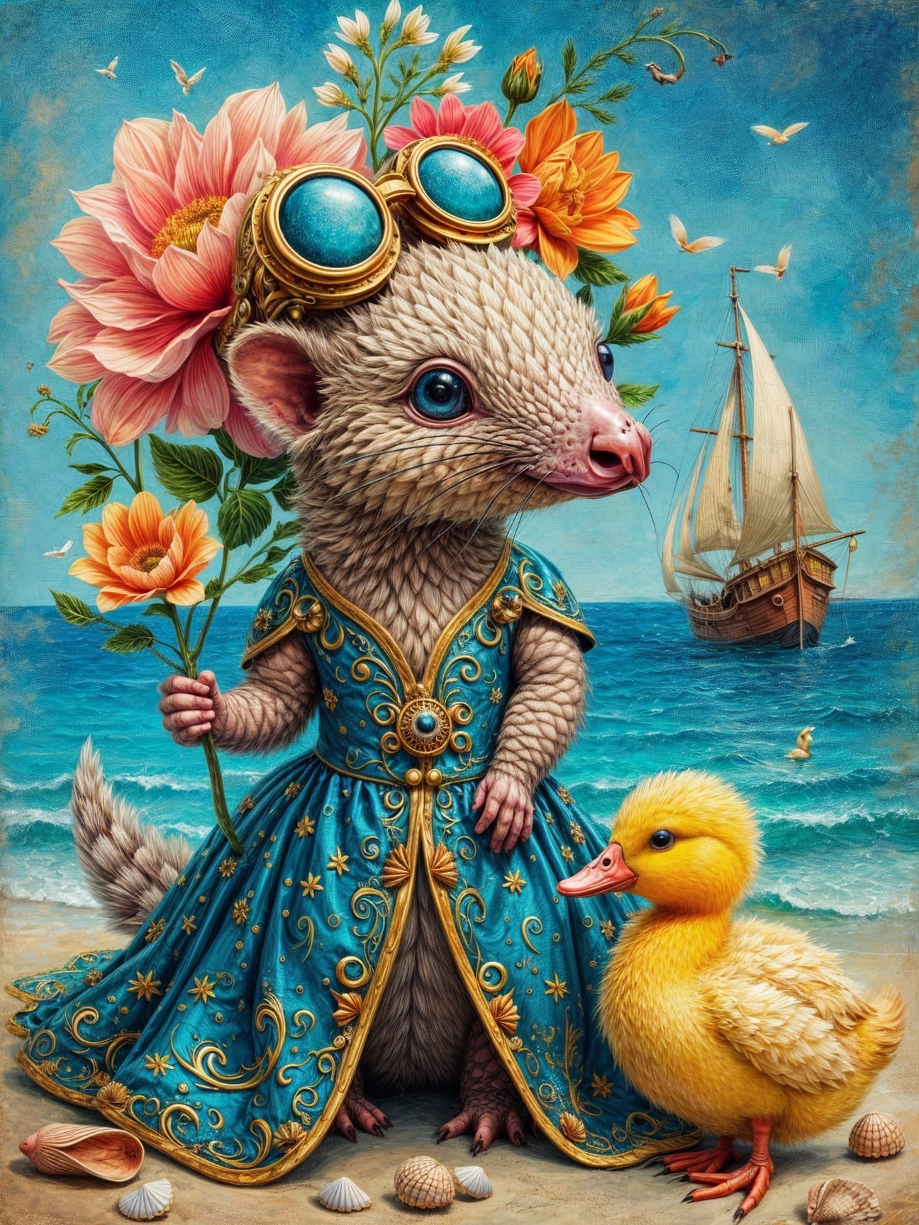 Ferret in Blue Gown with Duckling on Beach Scene