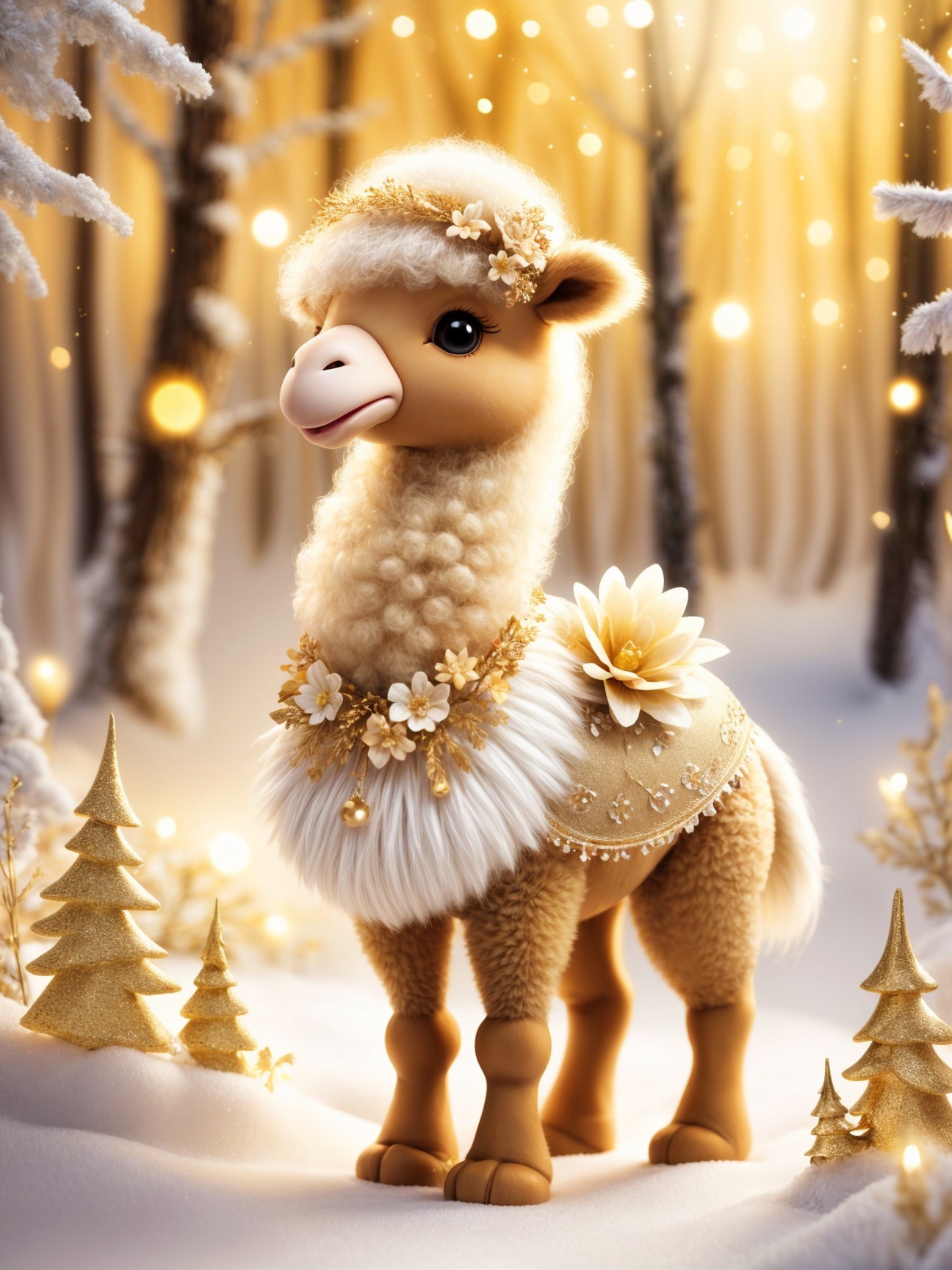 Whimsical Llama Figurine in Snowy Winter Forest