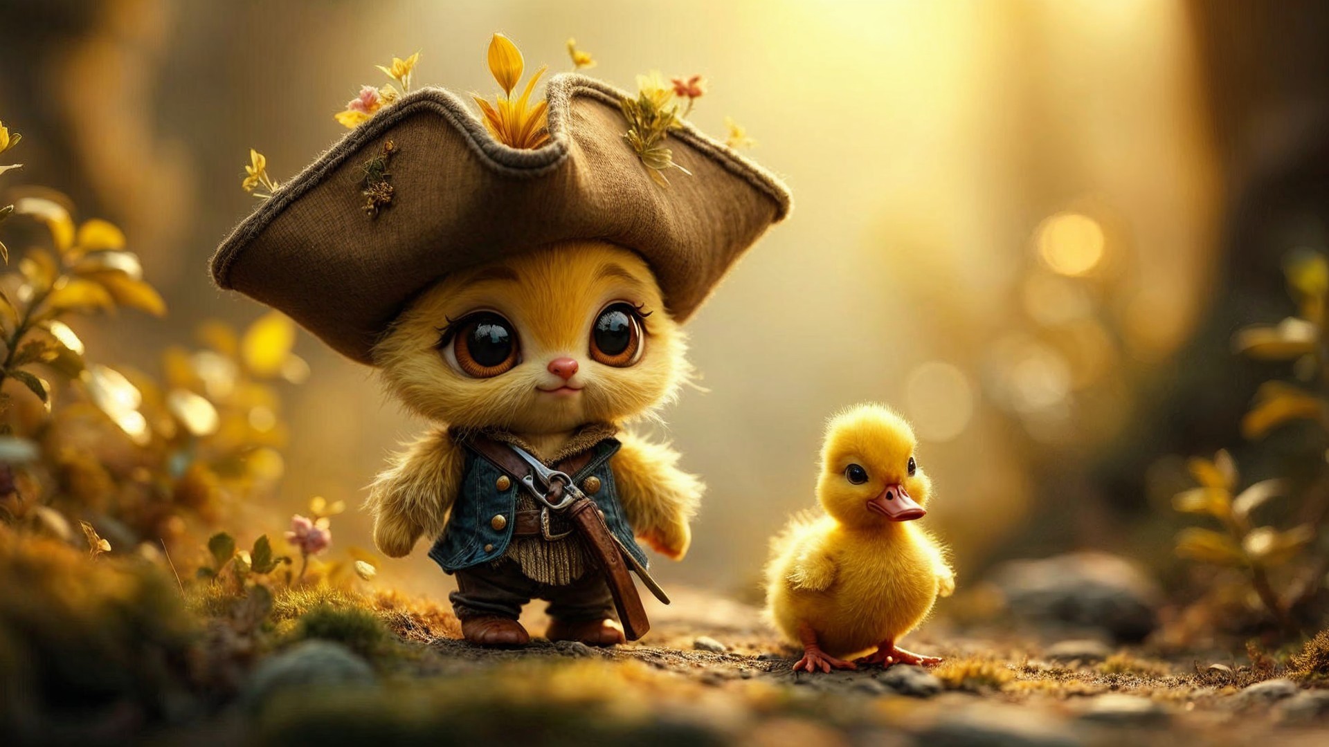Charming Yellow Chick and Duckling in Whimsical Forest