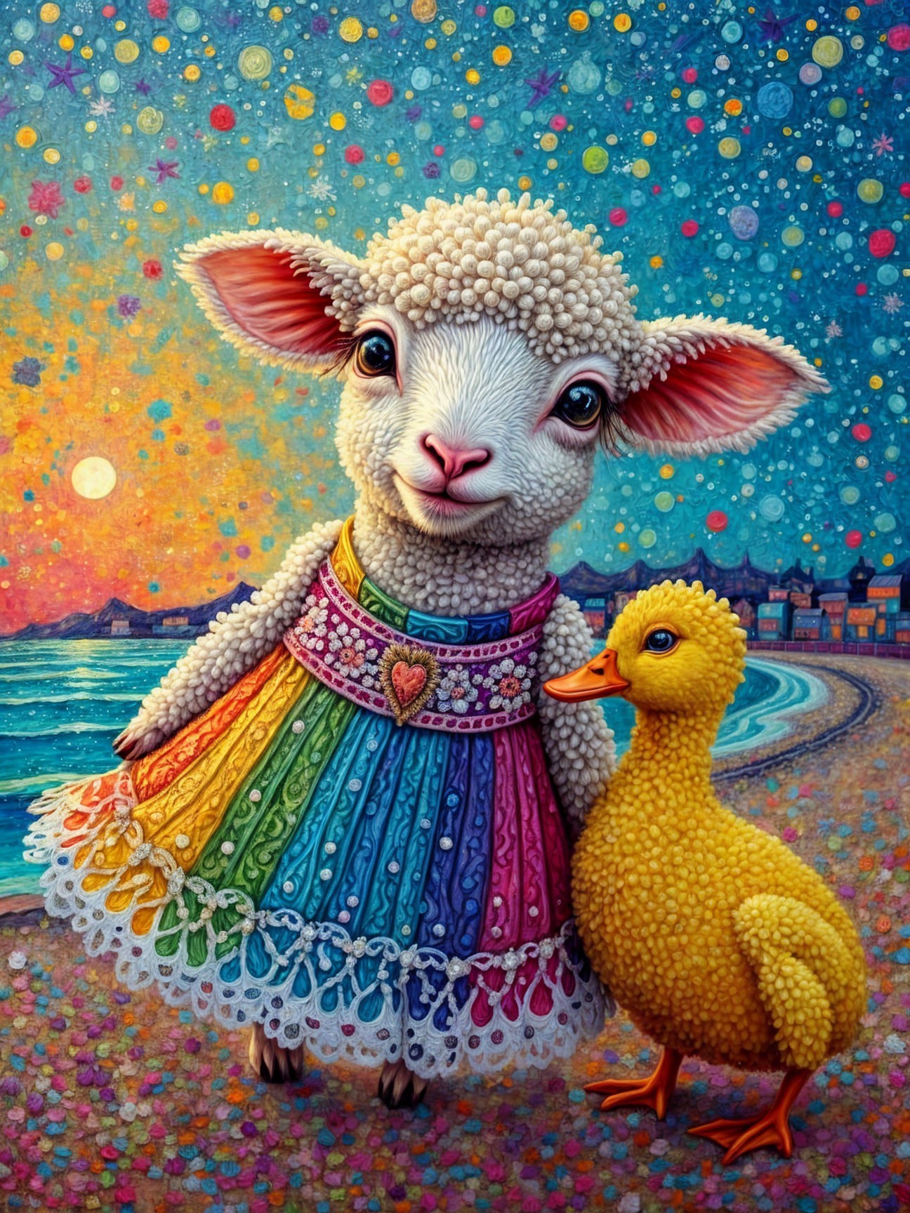 Whimsical Lamb in Rainbow Dress by Cheerful Duck