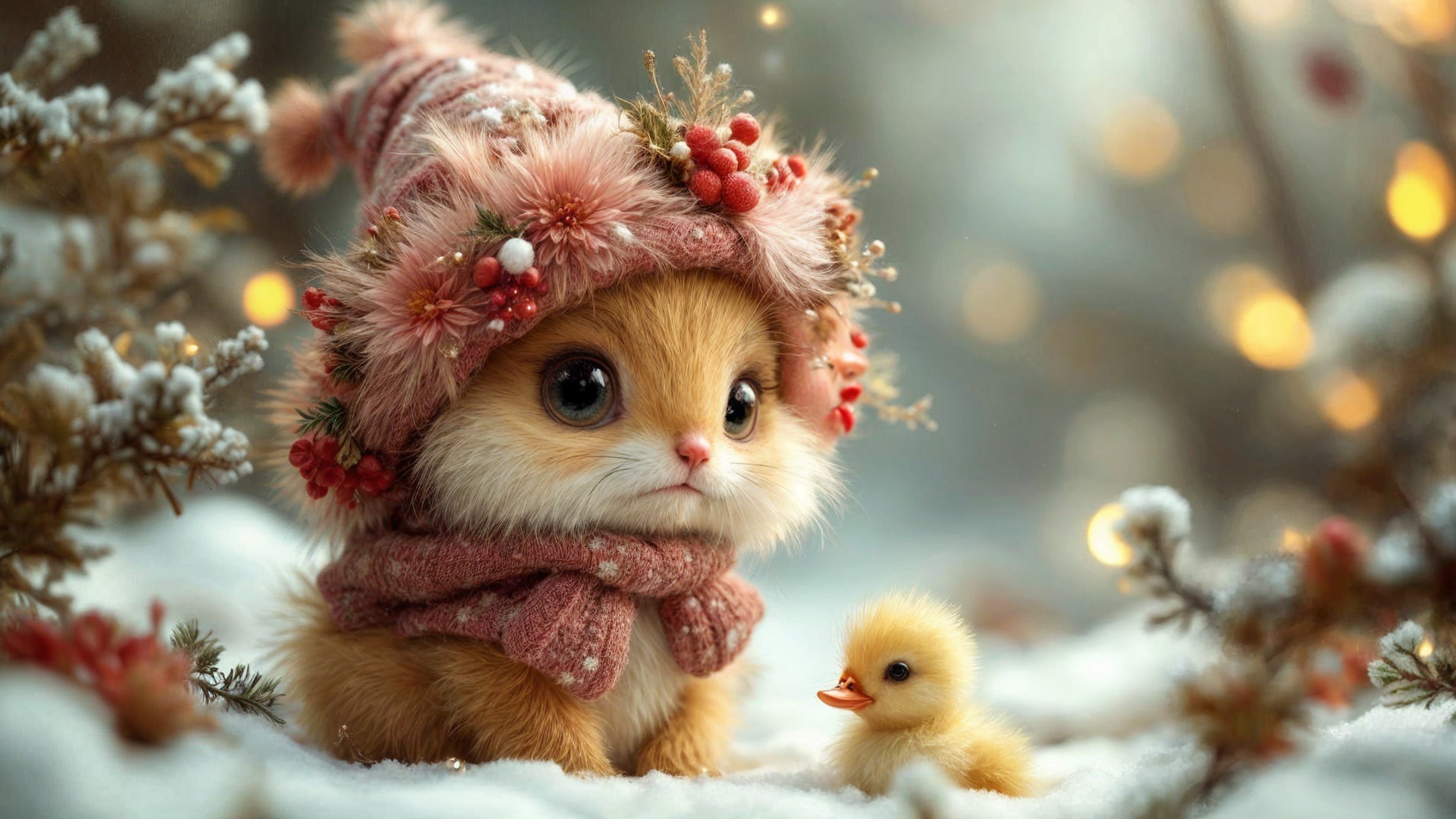 Fluffy Creature in Festive Hat with Duckling in Snow