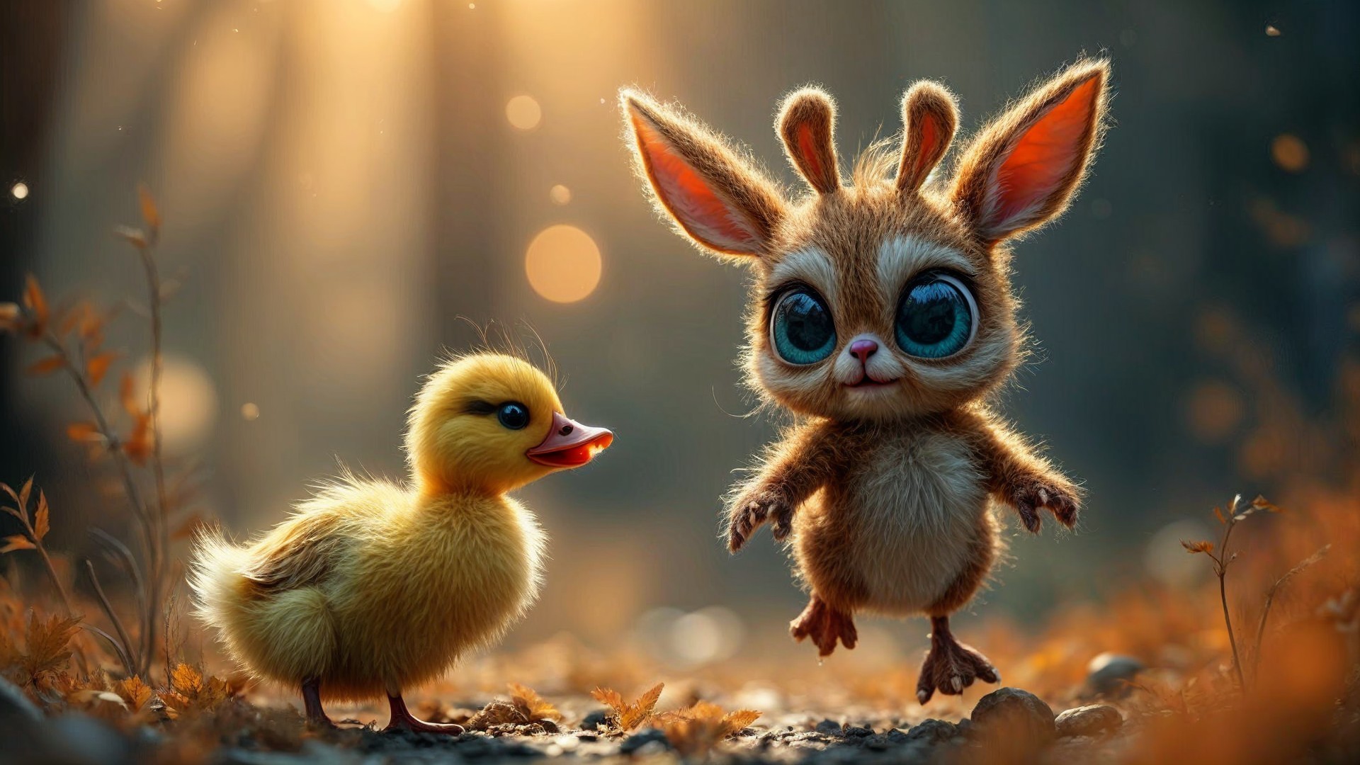 Charming Bunny and Duckling in Sunlit Forest Scene