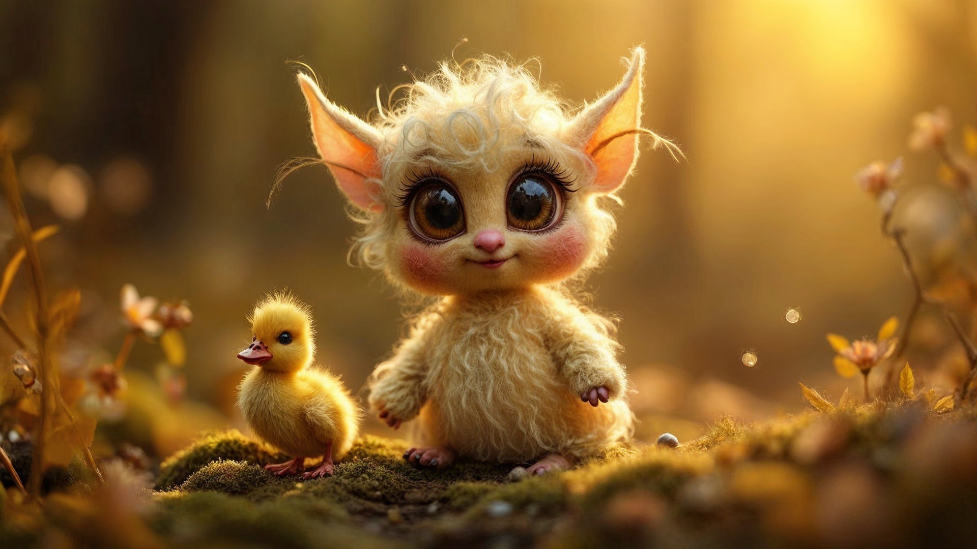Fluffy Creature and Duckling in Sunlit Forest