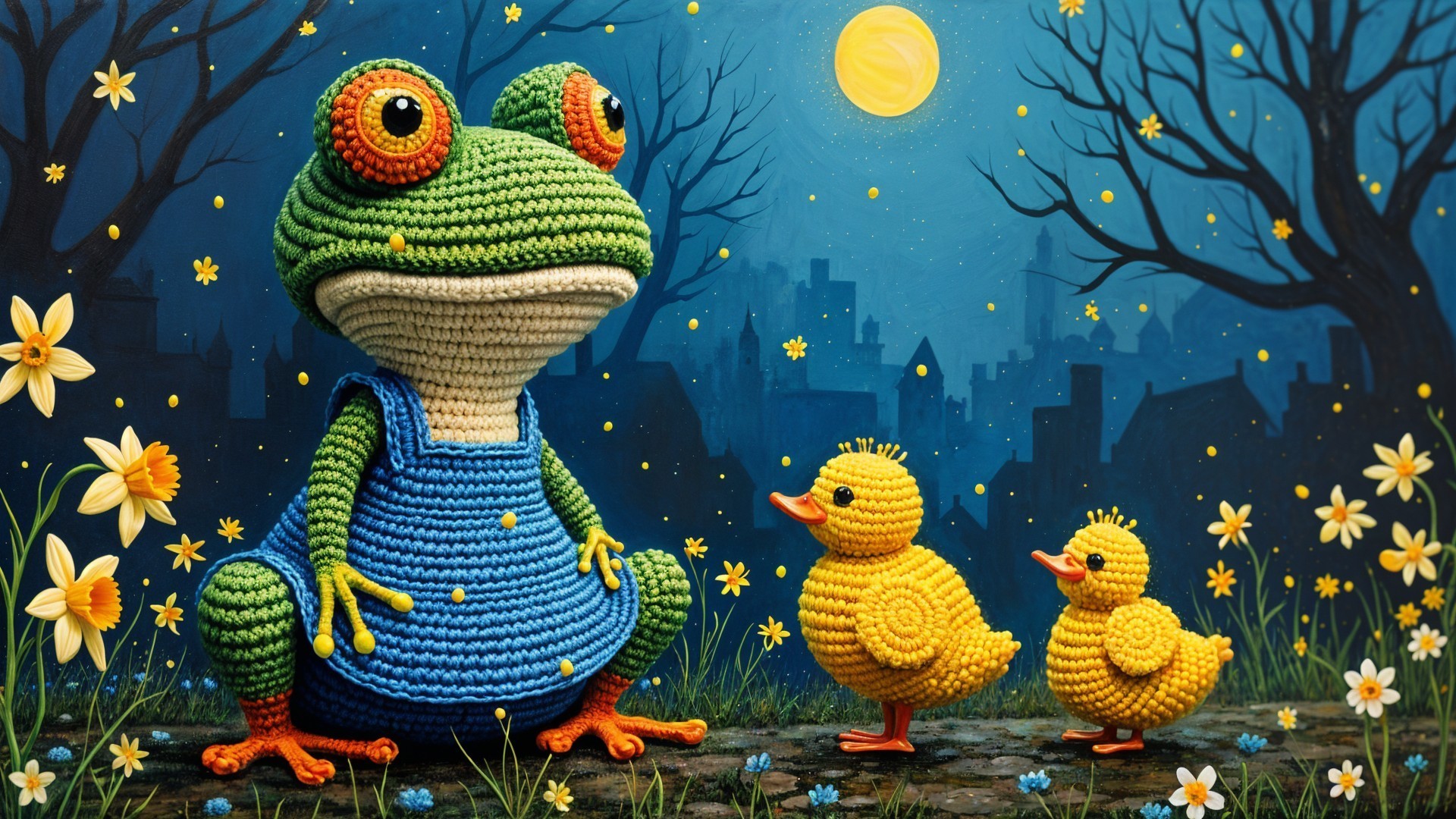 Crocheted Frog in Blue Dress with Ducklings at Twilight