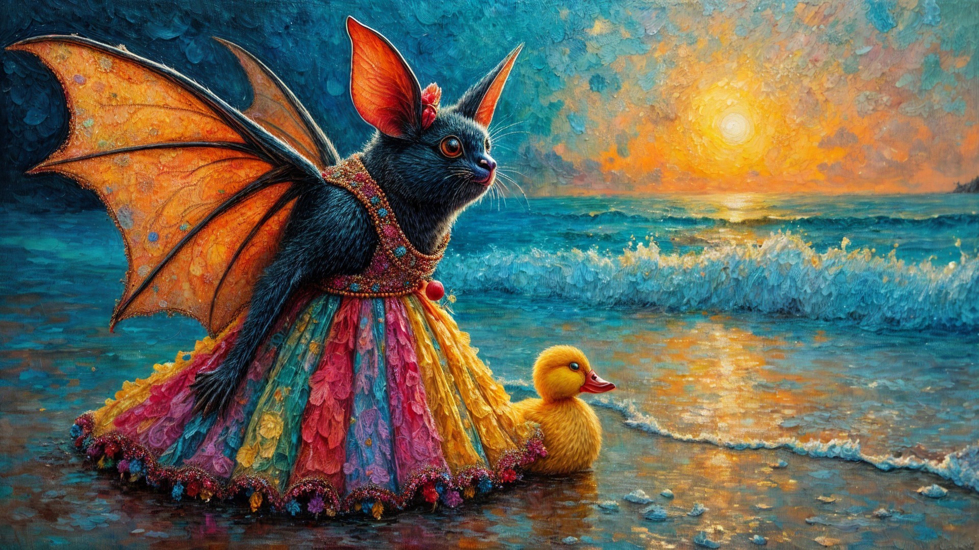 Whimsical Bat Creature and Duckling at Sunset Beach