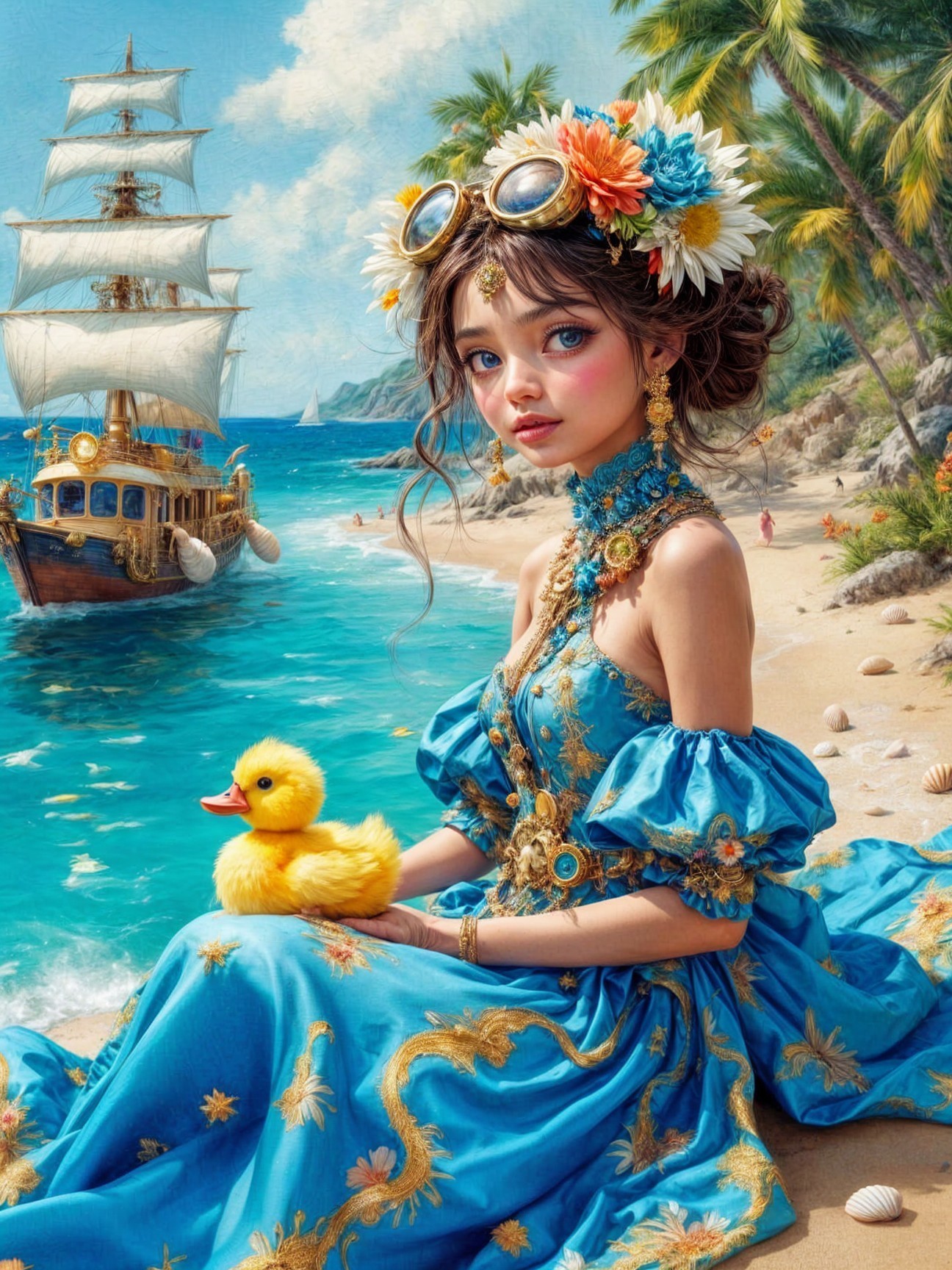 Young Woman in Blue Dress on Sunlit Beach with Duck