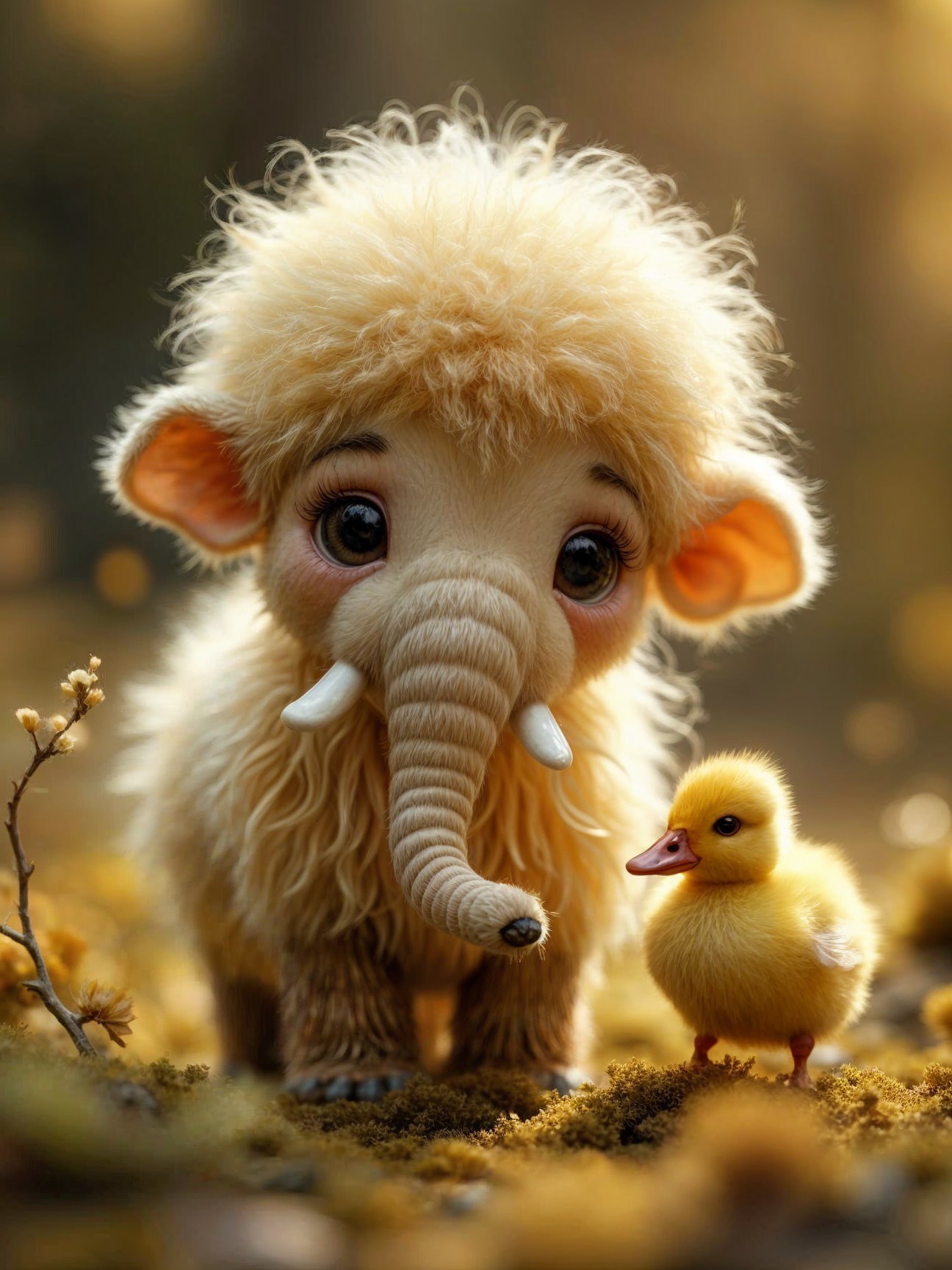 Fluffy Elephant and Duckling in Dreamy Nature Scene