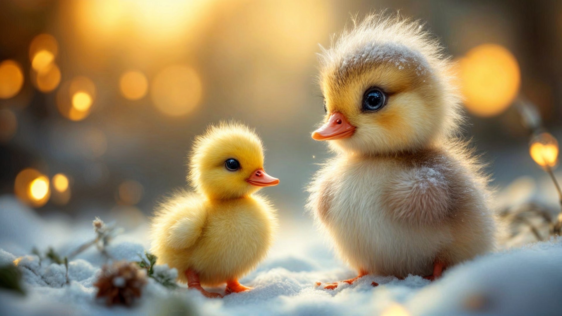 Ducklings Nestled in Snowy Setting with Bokeh Effect