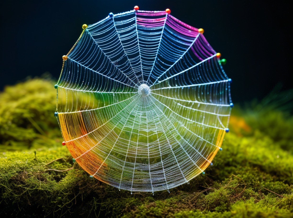 Vibrant Spider Web with Colorful Dew Drops and Moss