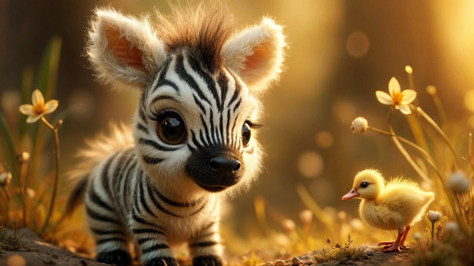 Cartoonish zebra cub and duckling in sunlit meadow