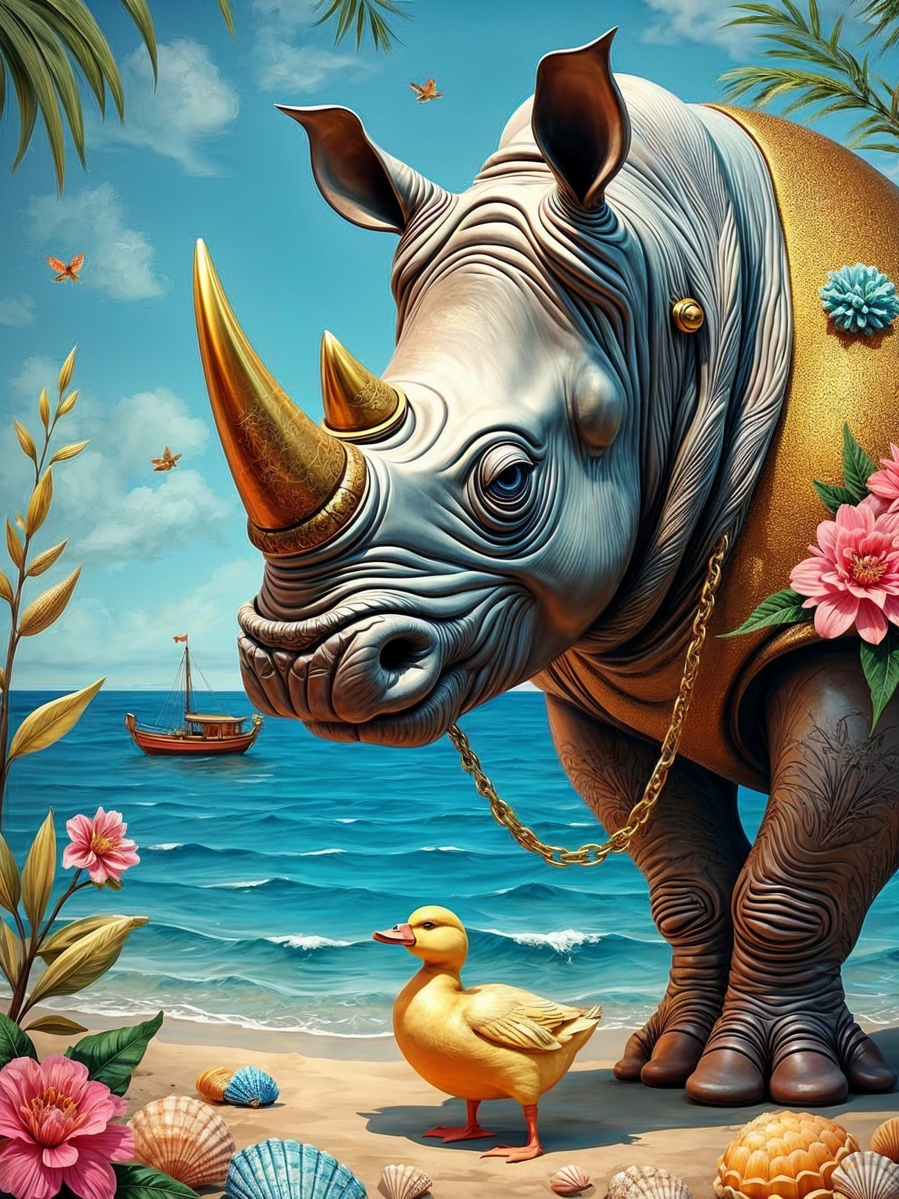 Whimsical Beach Scene with Rhinoceros and Duckling