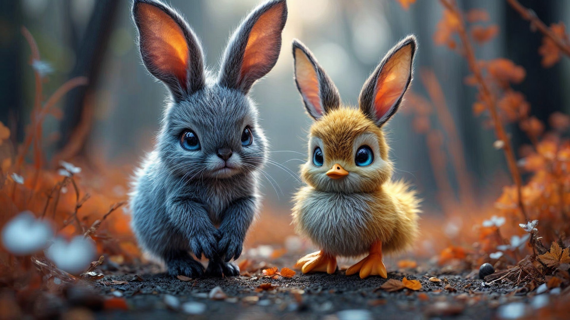 Fluffy Bunny and Yellow Chick in a Forest Setting