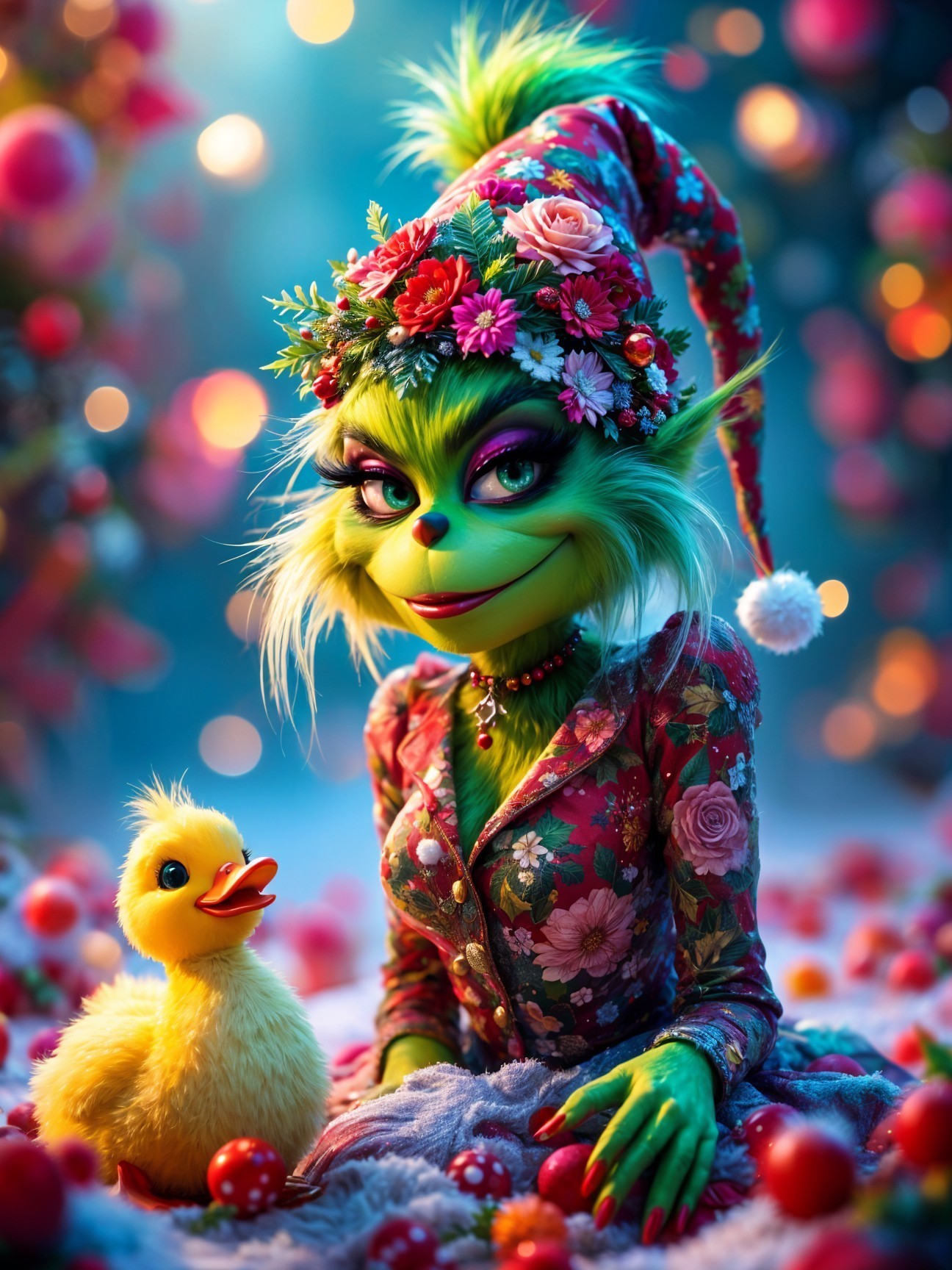 Whimsical Character with Green Skin and Duckling Companion