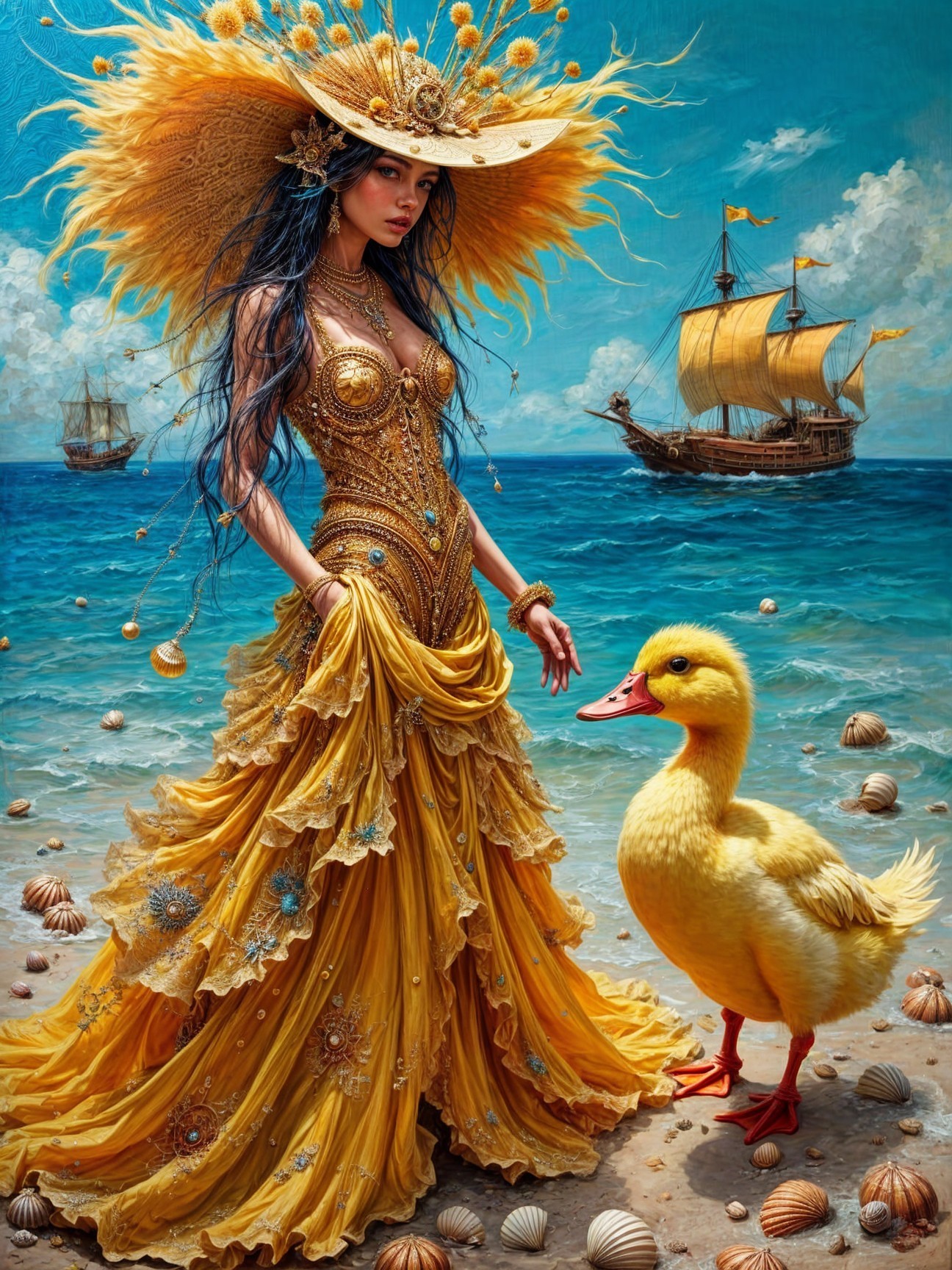 Woman in Yellow Gown at Beach with Duckling and Ships