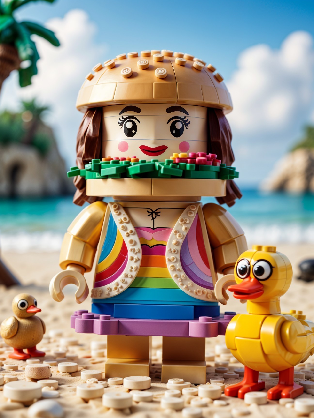 LEGO Character on Beach with Duck and Bird Scene