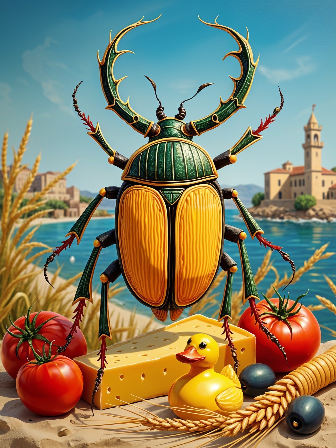 Giant Beetle Surrounded by Playful Beach Elements
