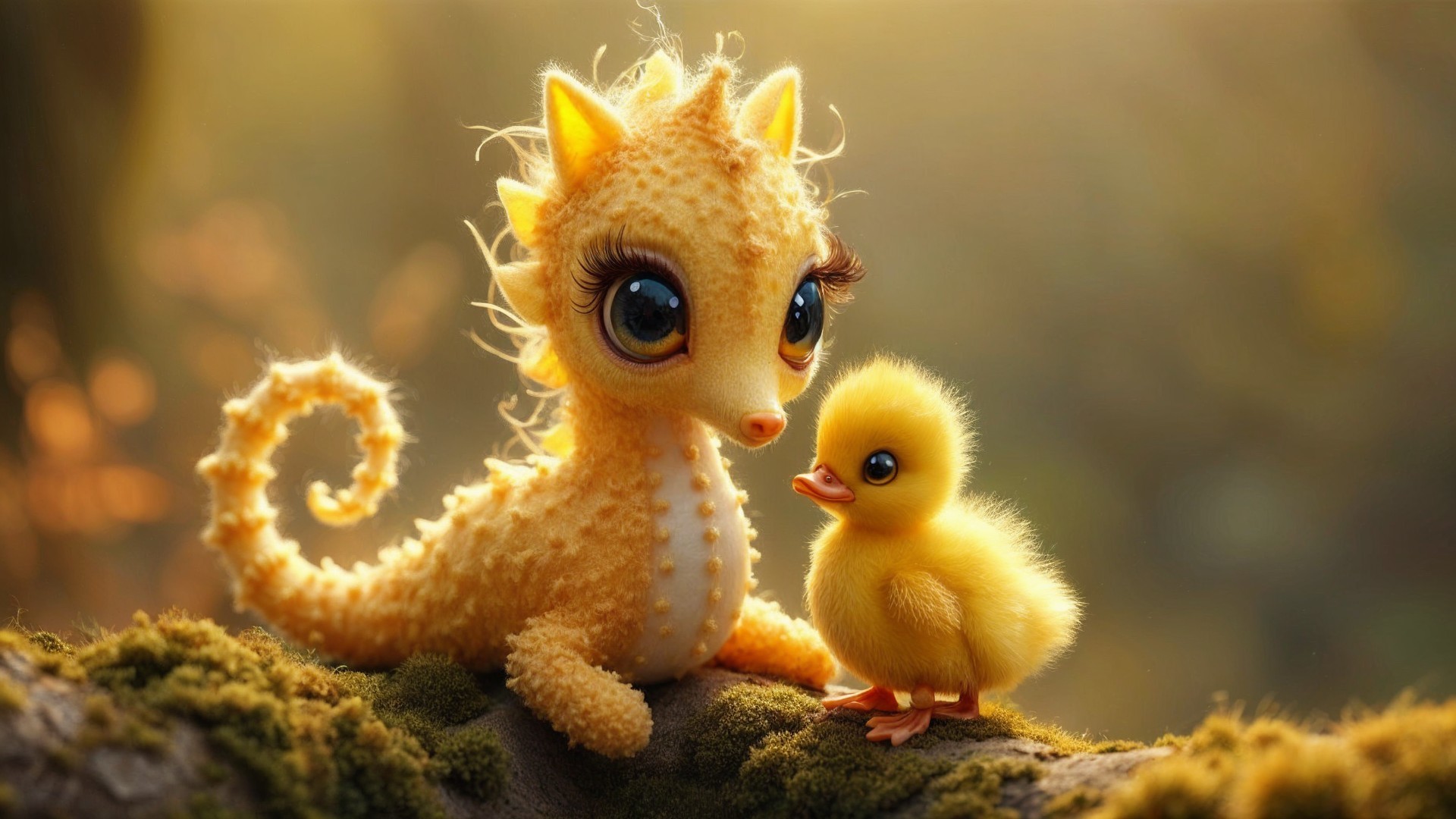 Cute Duckling and Seahorse on a Mossy Log
