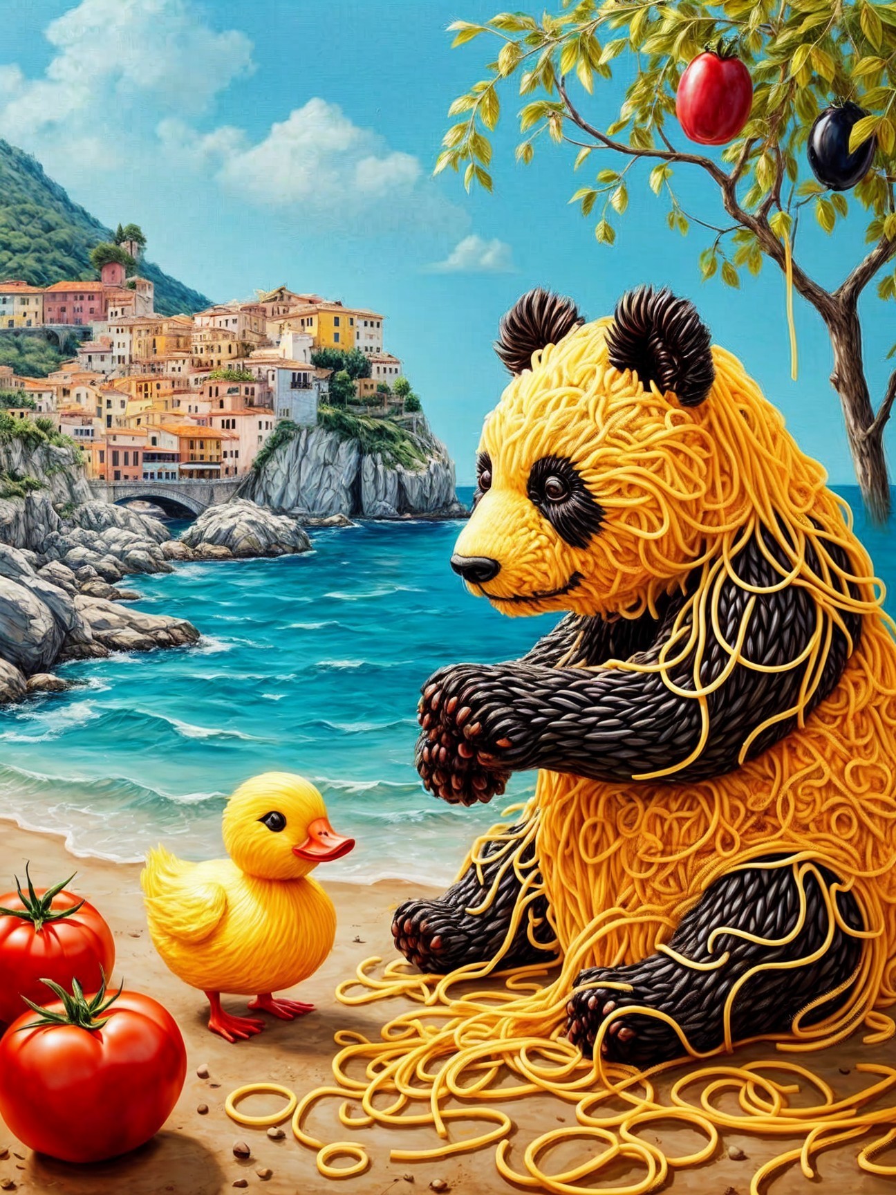 Colorful Spaghetti Panda and Duckling by Seaside Village