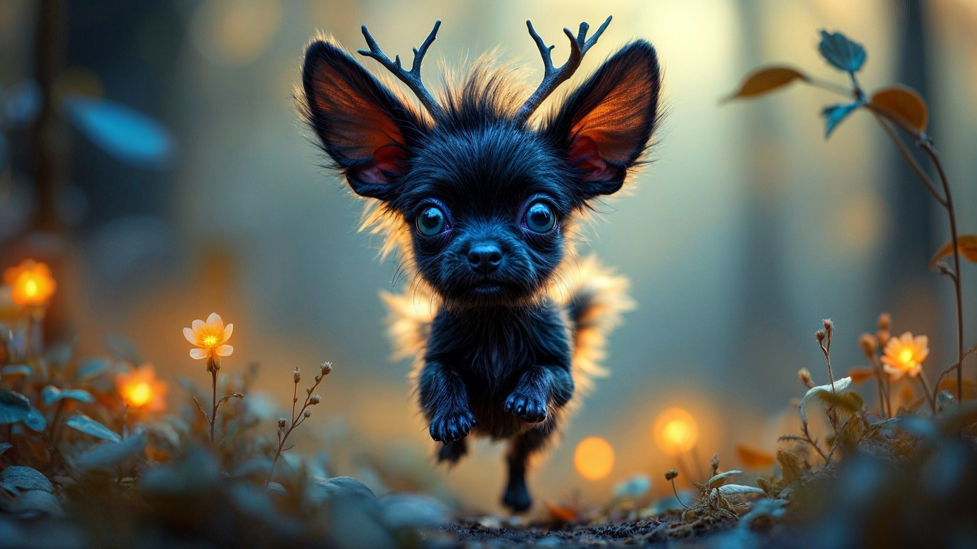 Playful Black Chihuahua in a Magical Forest Scene