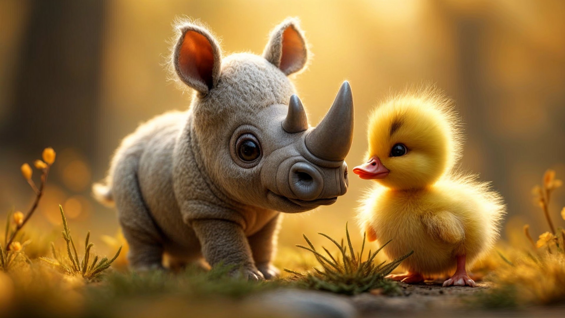 Cartoon Rhinoceros and Duckling in Sunlit Forest