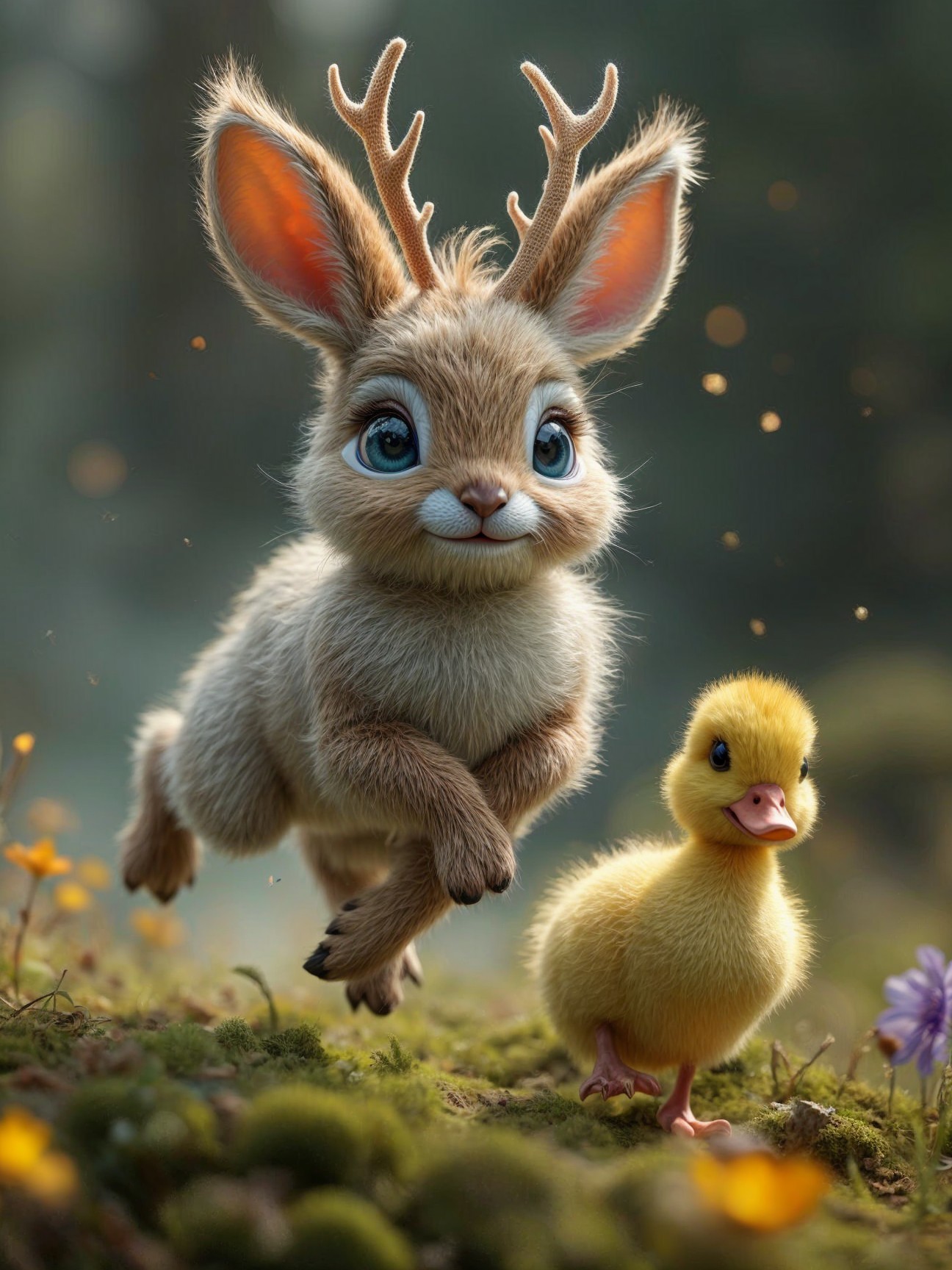 Whimsical Forest Scene with Rabbit and Duckling