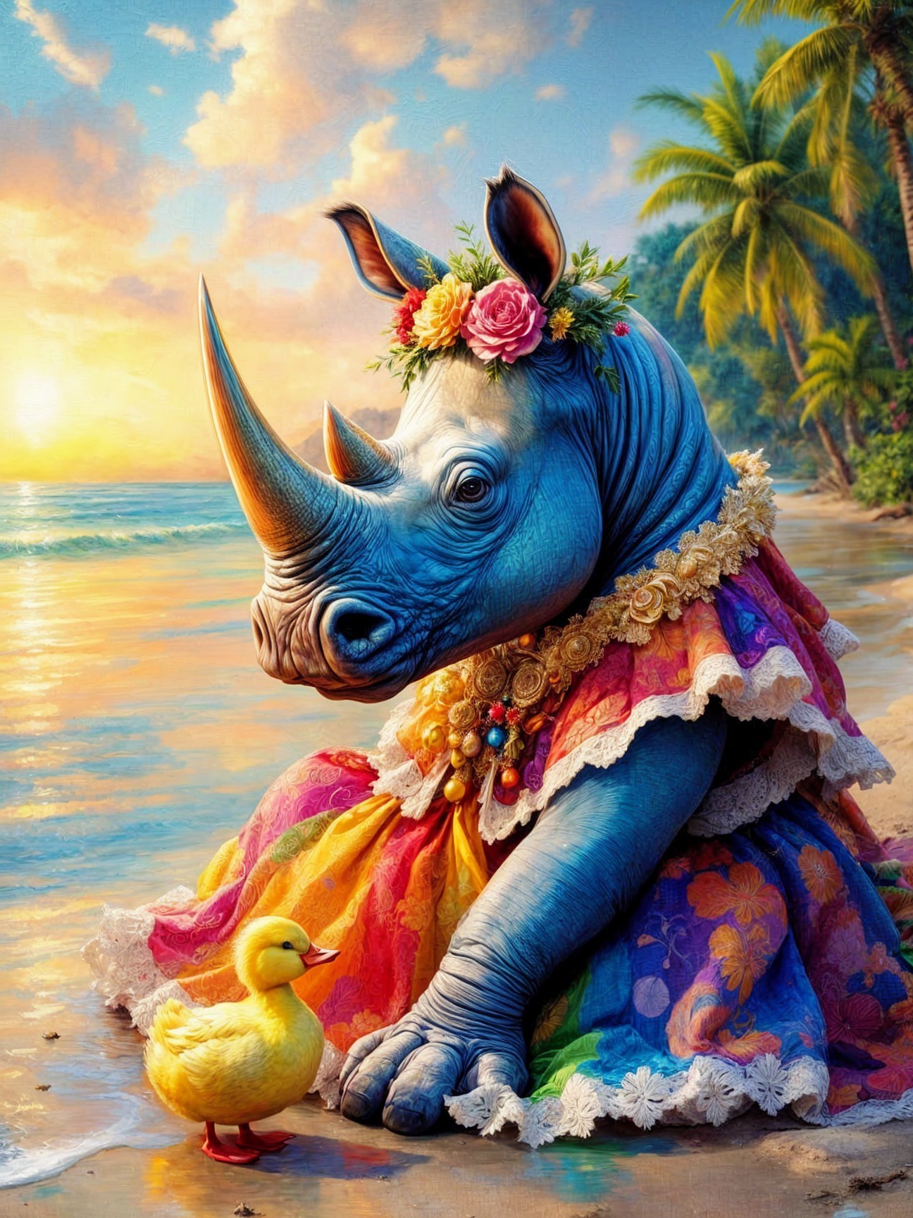 Rhinoceros in Floral Dress at Vibrant Beach Scene