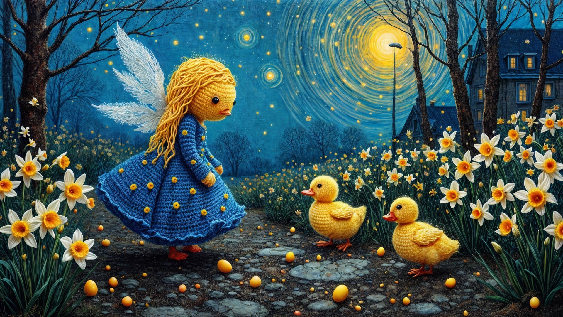 Whimsical Moonlit Landscape with Fairy and Ducklings