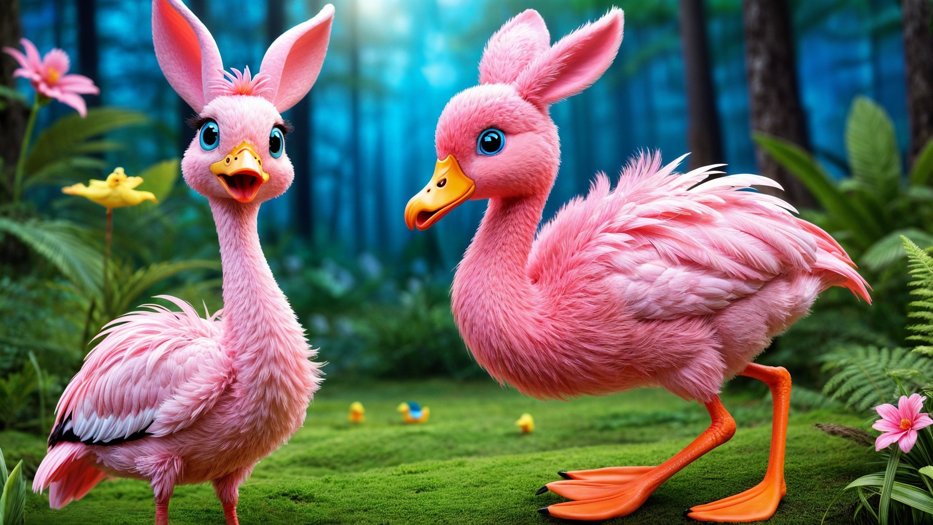 Whimsical Pink Birds in a Lush Forest Setting