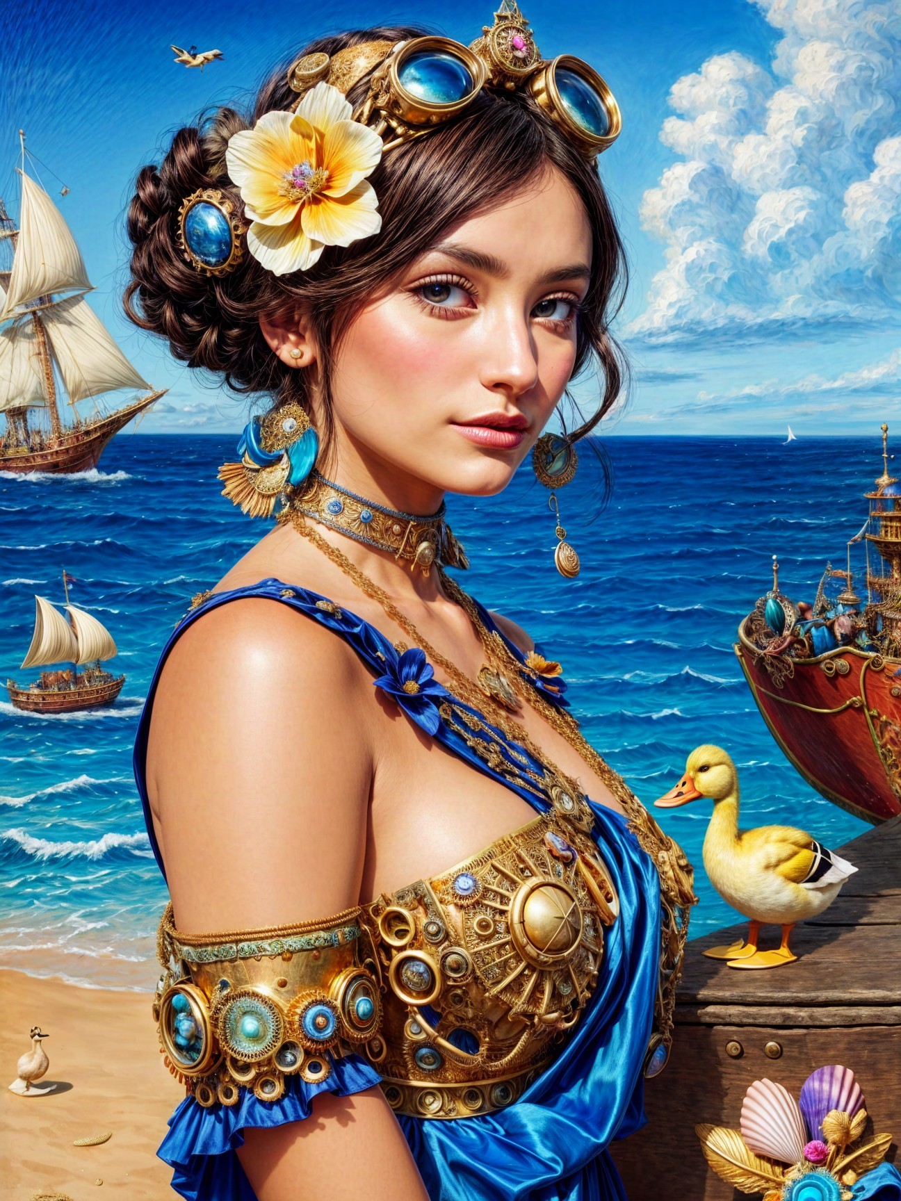 Young Woman in Blue Gown by the Sea with Sailboats
