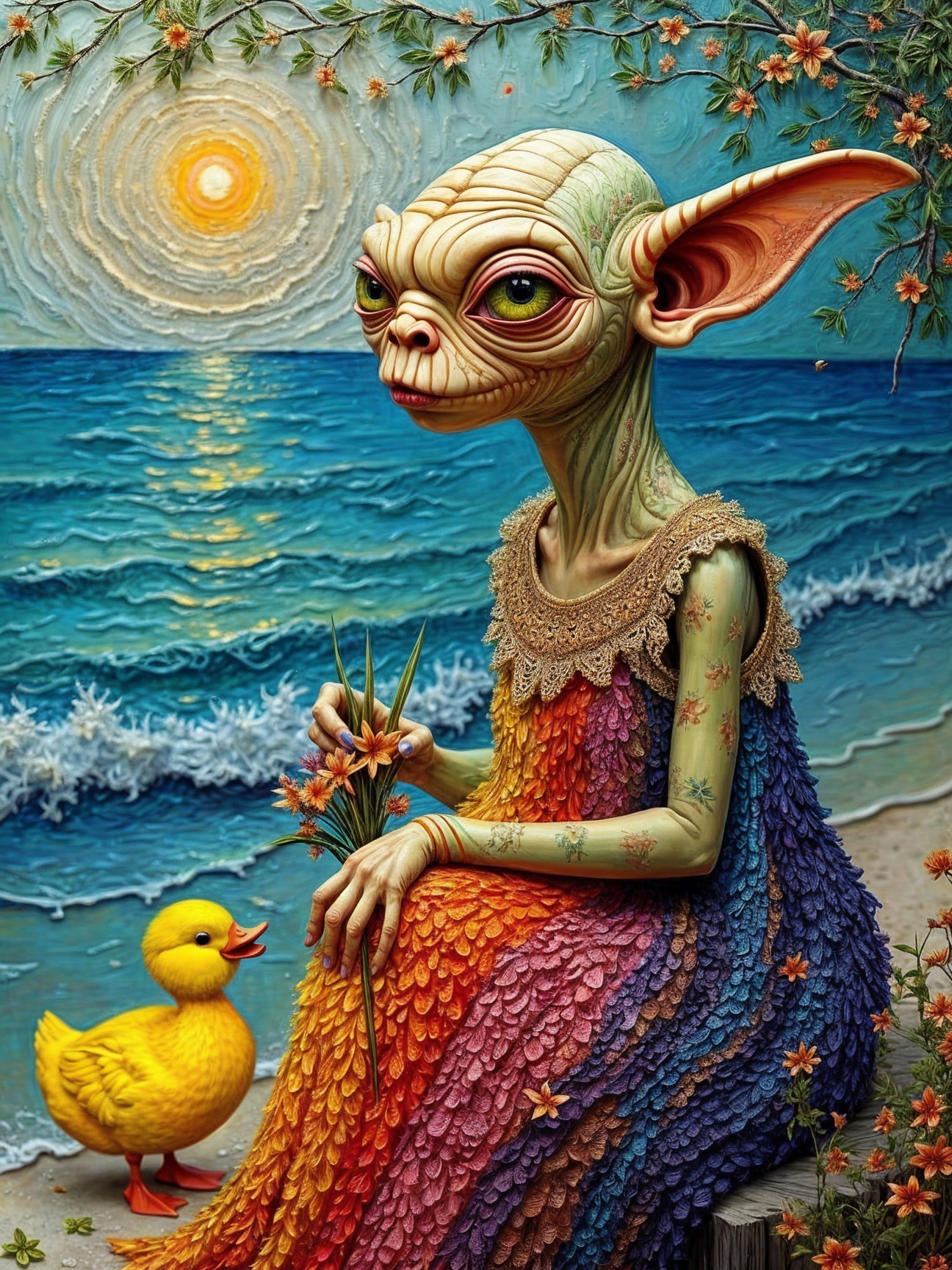 Whimsical Ocean Scene with Colorful Creature and Duckling