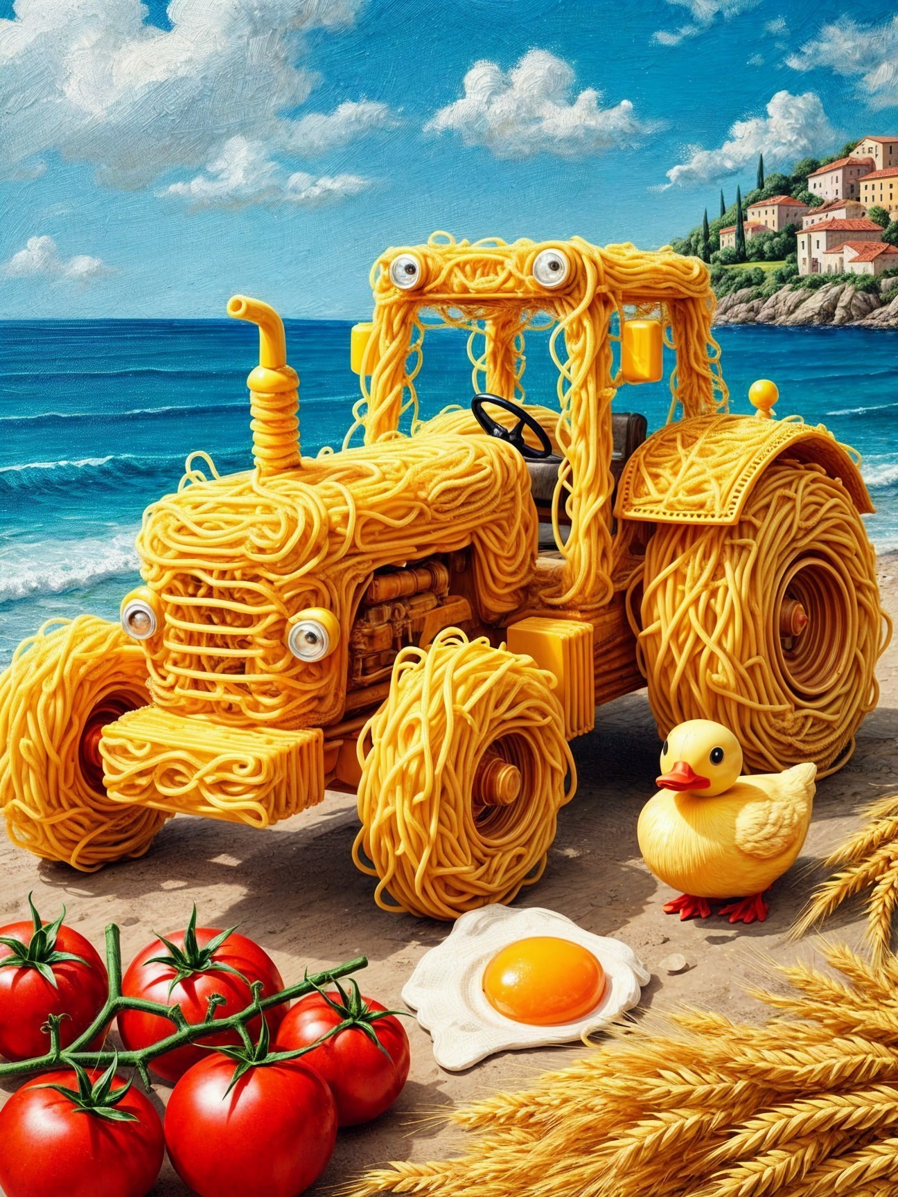 Pasta Tractor on a Sunny Beach with Food Elements