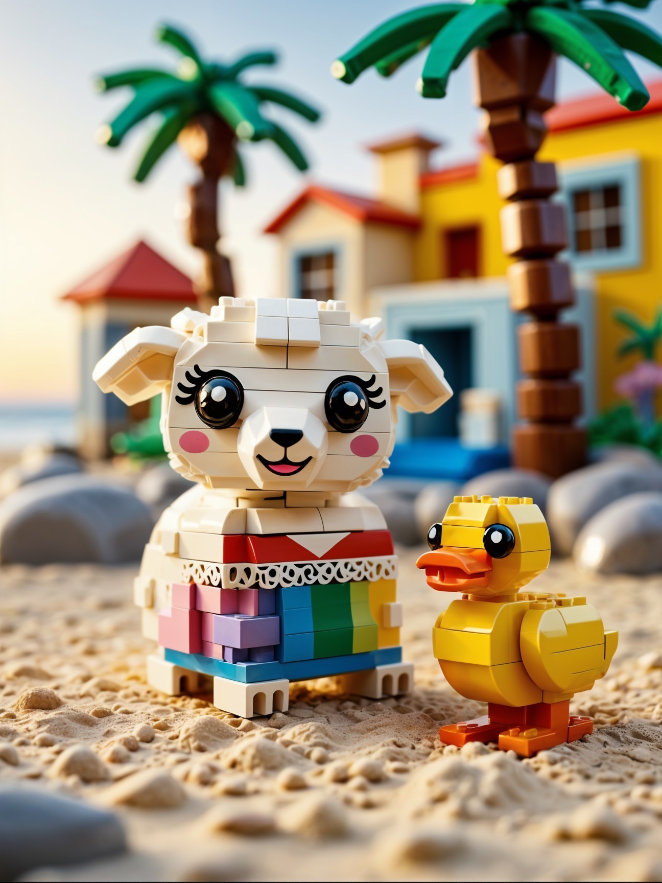 Colorful LEGO Sheep and Duck on a Beach Scene