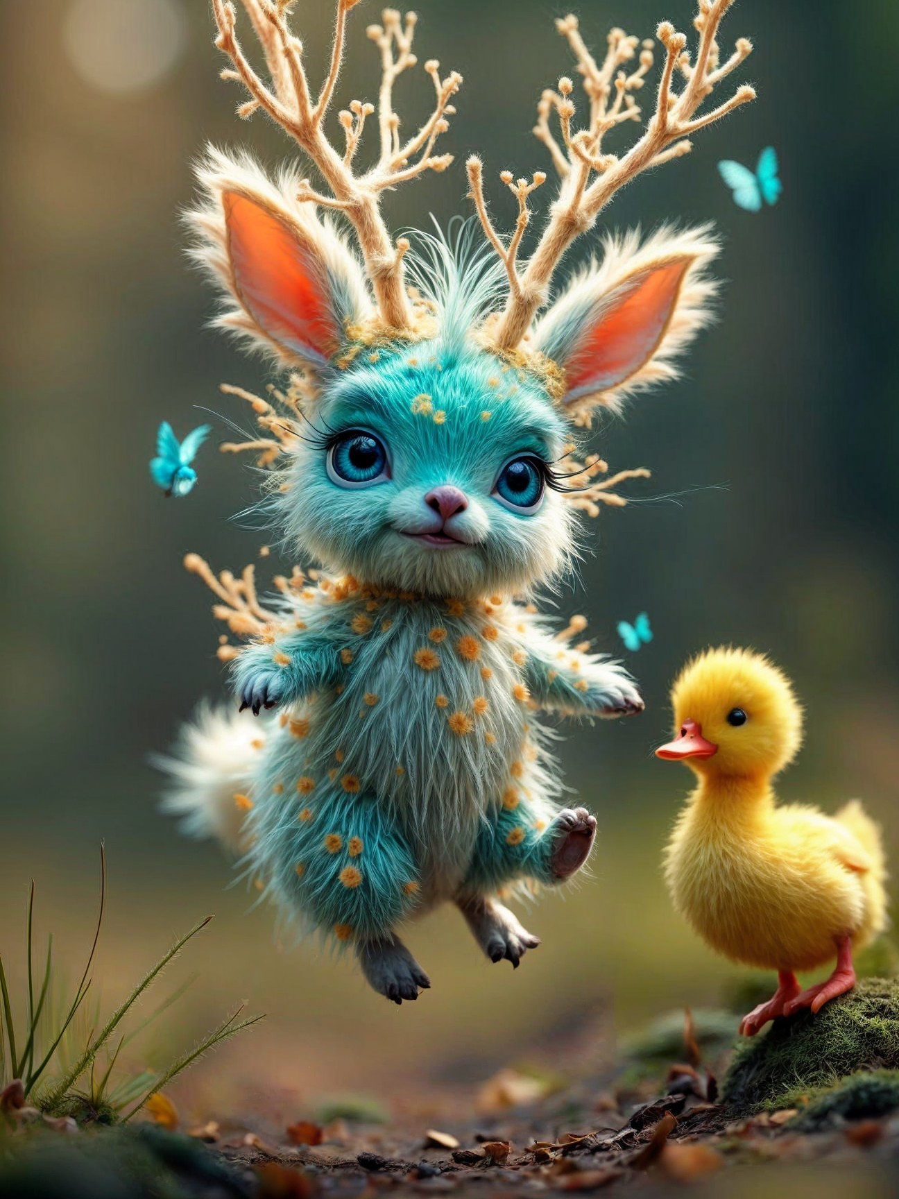 Whimsical creature with pastel fur and antlers in forest