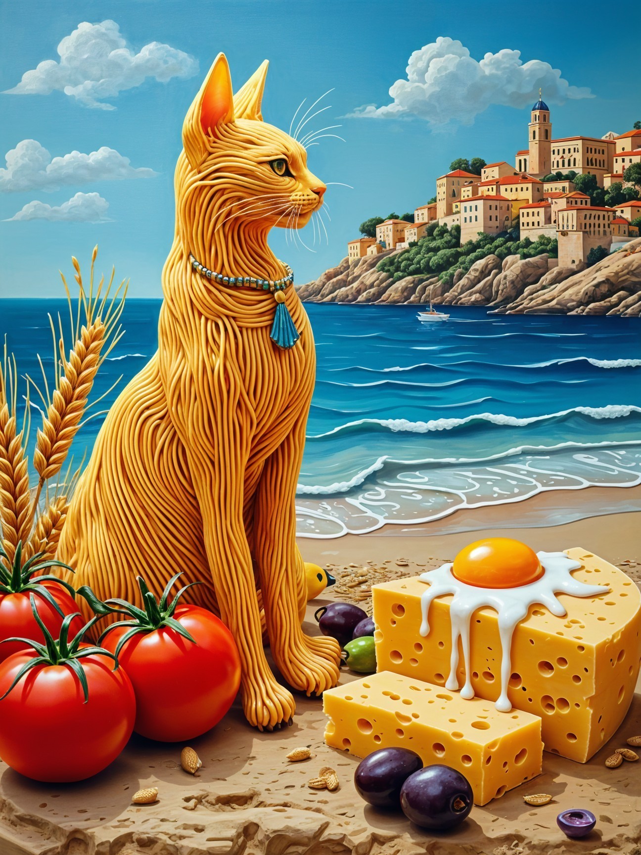 Golden Pasta Cat on Beach with Coastal Town Background