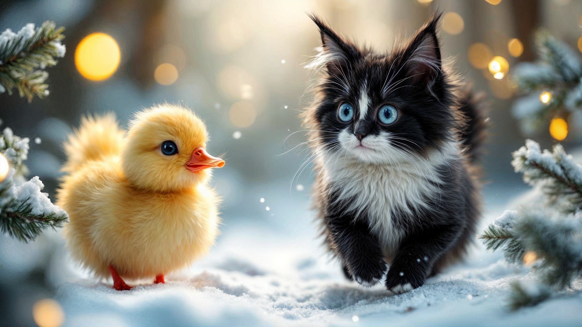 Duckling and kitten exploring a snowy landscape together