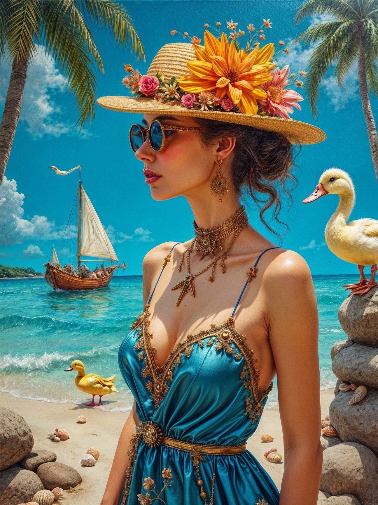 Young woman in blue dress on tropical beach scene