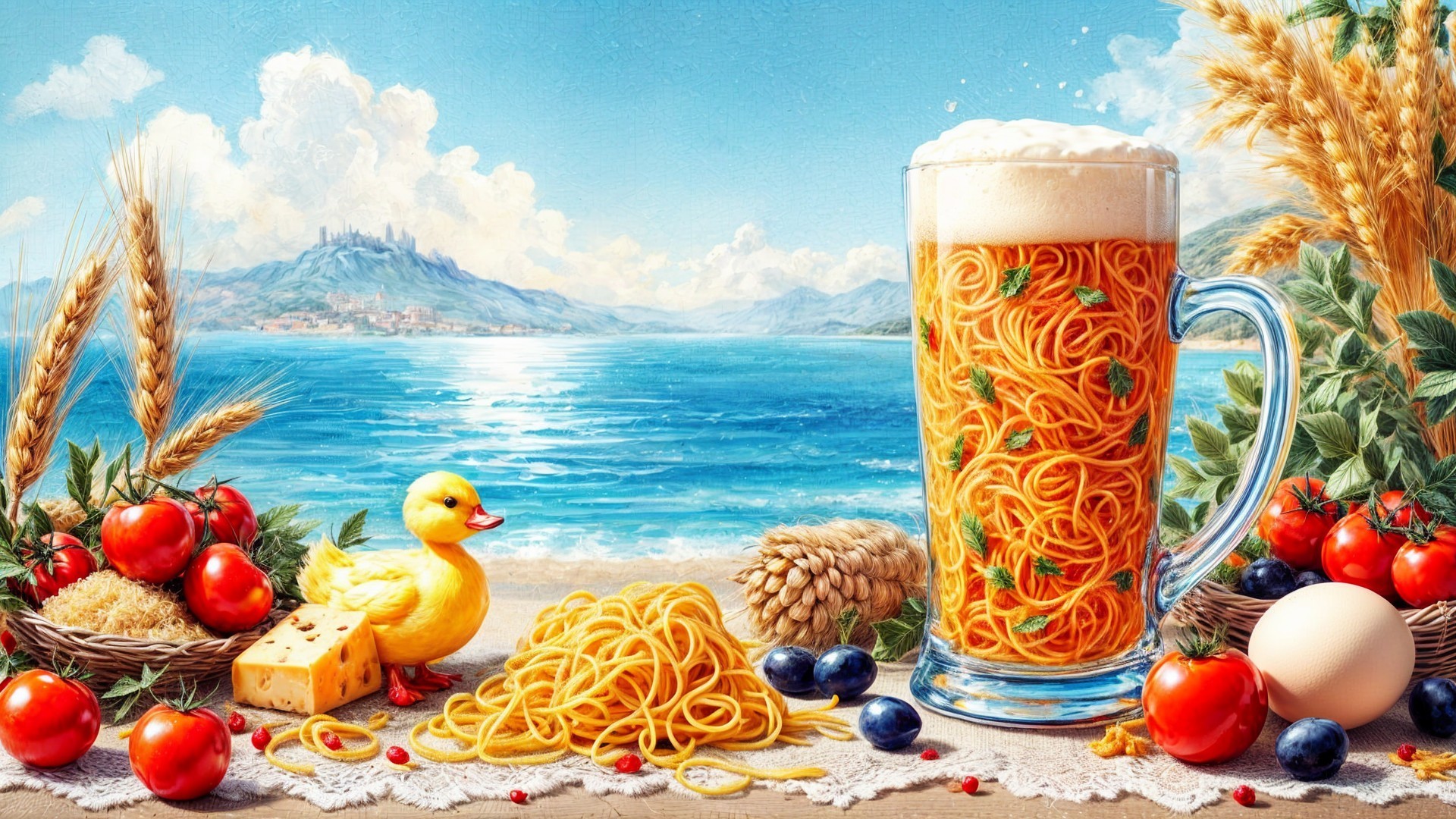 Whimsical Beach Scene with Beer and Spaghetti
