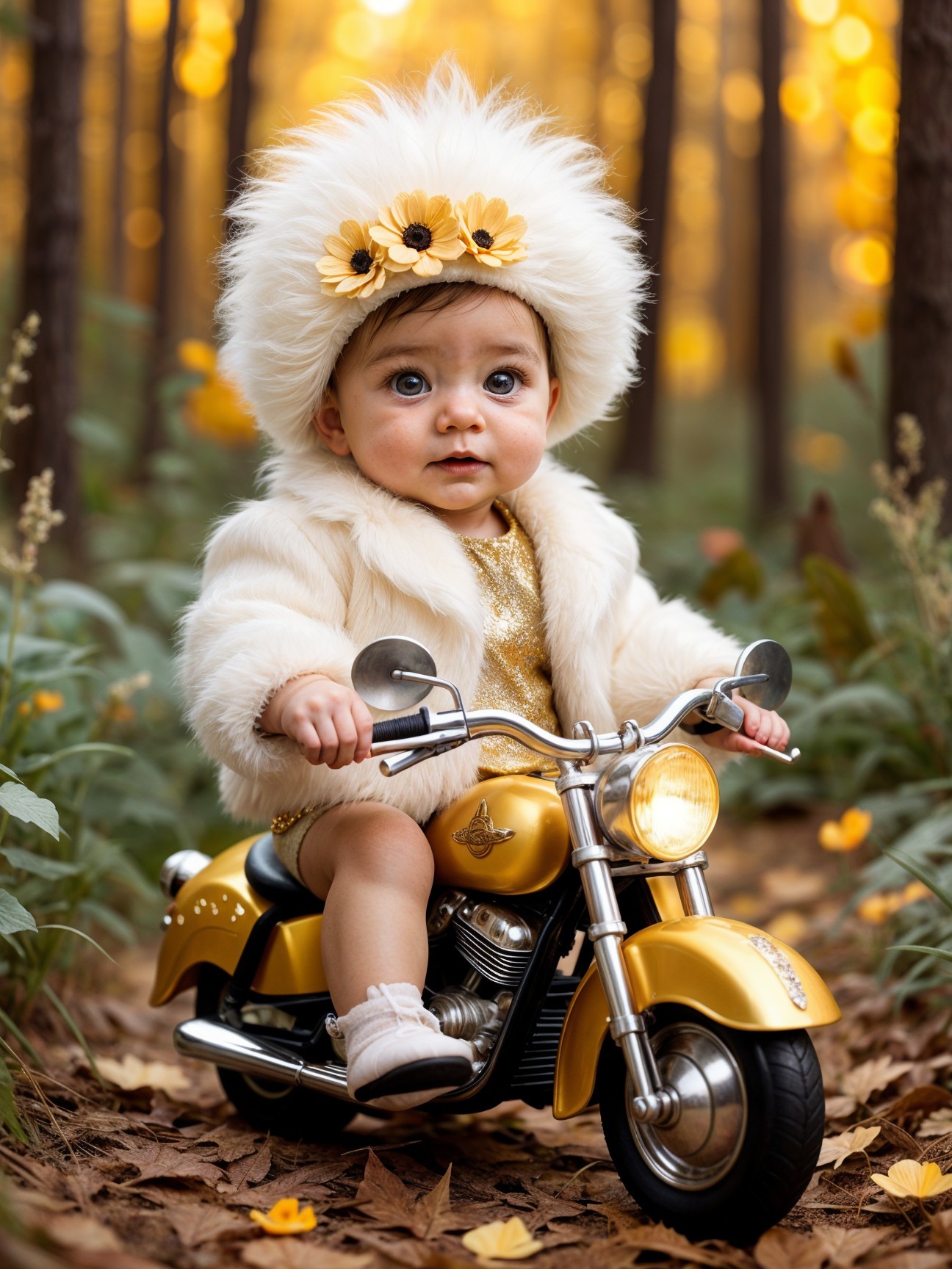 Cheerful baby girl on golden motorcycle in autumn setting