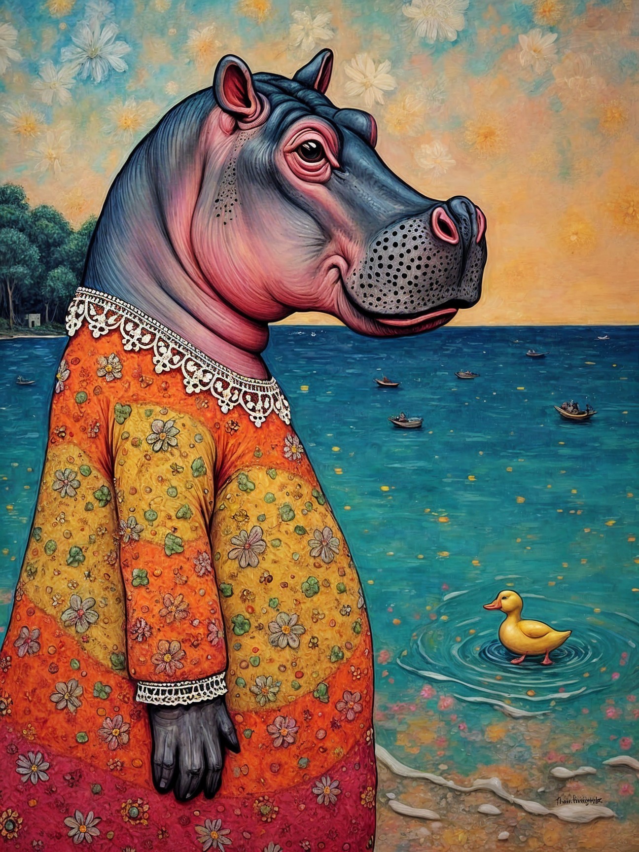 Whimsical Hippo in Floral Dress by a Tranquil Lake