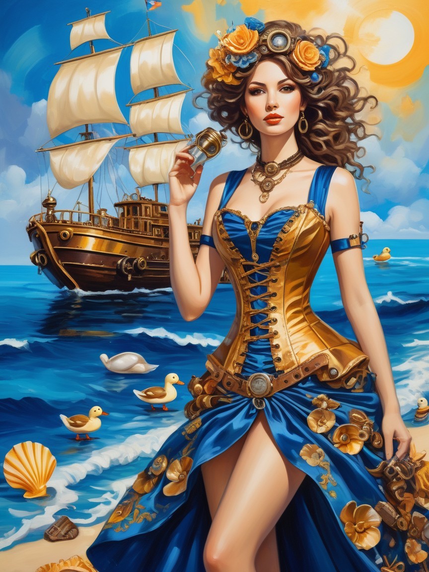 Woman in Blue and Gold Gown by the Shoreline