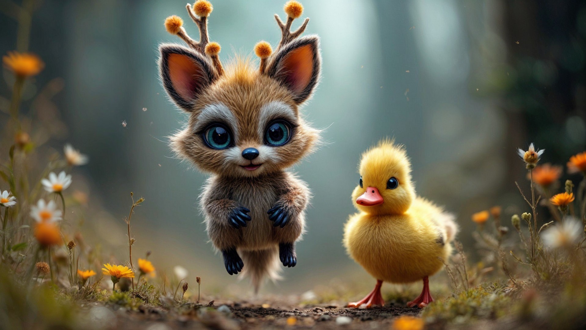 Whimsical Forest Scene with Fluffy Creature and Duckling